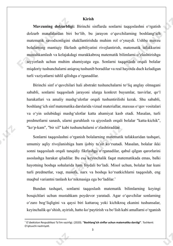 marali qilish imkonini bermoqda. elektron darsliklar, interaktiv o‘yinlar, maxsus dasturlar va mobil ilovalar orqali bolalar sonlarni taqqoslashni oson va tezroq o‘rganishlari mumkin. masalan, raqamlarni to‘g‘ri joylashtirish, kattasini yoki kichigini topish, sonlarni tartiblash kabi topshiriqlar bolalarning qiziqishini oshirib, bilimlarni o‘zlashtirish jarayonini osonlashtiradi. pedagogik jihatdan olib qaraganda, sonlarni taqqoslash jarayoni darslarda turli metodik yondashuvlarni qo‘llashni talab etadi. o‘qituvchi bolalarga sonlarni vizual va amaliy jihatdan tushuntirish, ularning individual qobiliyatlarini hisobga olgan holda mashg‘ulotlarni tashkil etishi kerak. ba’zi bolalar tasviriy taqqoslash orqali yaxshi o‘rganishsa, boshqalar uchun amaliy mashg‘ulotlar samaraliroq bo‘lishi mumkin. shu sababli, darslarda turli metodlardan foydalanish maqsadga muvofiq bo‘ladi. umuman olganda, birinchi sinflarda sonlarni taqqoslashni o‘rgatish boshlang‘ich matematik bilimlarni shakllantirish, bolalarning tafakkurini rivojlantirish va ularni kelajakdagi murakkabroq matematik tushunchalarga tayyorlash uchun juda muhim hisoblanadi. bu mavzu nafaqat nazariy, balki amaliy jihatdan ham dolzarb bo‘lib, uni samarali o‘rgatish boshlang‘ich sinf ta’limining muhim vazifalaridan biri sanaladi. shu sababli, darslarda innovatsion yondashuvlardan foydalanish, o‘quvchilarning qiziqishini oshirish …