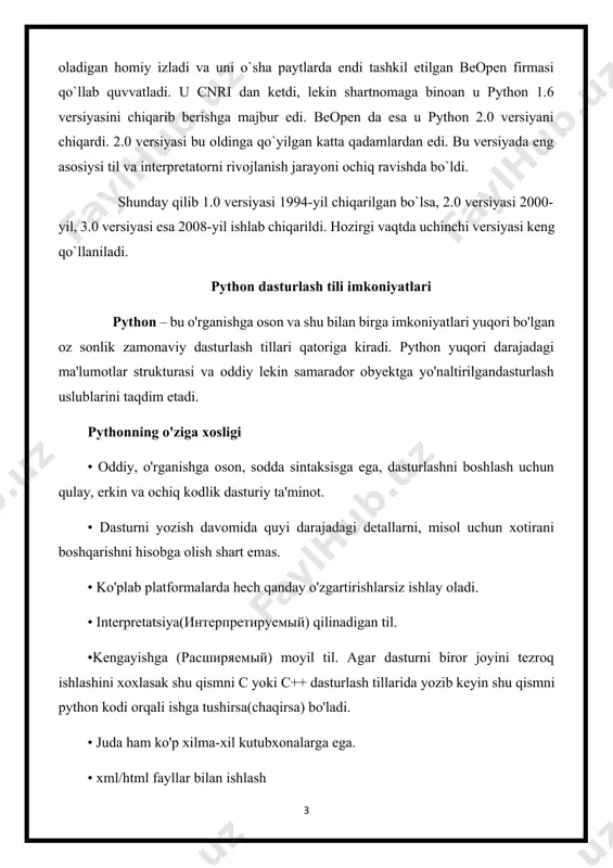 o'p xilma-xil kutubxonalarga ega. • xml/html fayllar bilan ishlash • http so`rovlari bilan ishlash • gui(grafik interfeys) • web ssenariy tuzish • ftp bilan ishlash • rasmli audio video fayllar bilan ishlash • robot texnikada • matematik va ilmiy hisoblashlarni programmalash pythonni katta proyektlarda ishlatish mumkin. chunki, uni chegarasi yo`q, imkoniyati yuqori. shuningdek, u sodda va universalligi bilan programmalash tillari orasida eng yaxshisidir. python dasturlash tilini o`rnatish. agar siz biror gnu/linux distributivini ishlatayotgan bo'lsangiz ko'p xollarda sizning tizimingizda python o'rnatilgan bo'ladi. buni tekshirib ko'rish uchun terminalingizdan quyidagi buyruqni ishga tushirib ko'ring. python –v agar sizda python 3.4.3 yozuvi yoki shunga o'xshash yozuv hosil bo'lsa unda hammasi joyida. windows operatsion tizimiga o'rnatish uchun www.python.org/downloads web sahifasiga o'tamiz va u yerdan oxirgi python versiyasini yuklab olamiz. pythonni o'rnatish odatiy dasturlarni o'rnatish kabi kechadi. hech qanday qiyin joyi yo'q. 1.2.python tili sintaksisi, asosiy operatorlari. python tili sintaksisi o`zi kabi sodda: • satr oxiri …