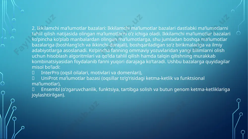 t markazi va ma’lumotlar bazasi- yyevropa. embl-tadqiqot markazi va ma’lumotlar bazasi haqida umumiy ma’lumot. embl -1974 yilda tashkil topgan, hayot haqidagi fanlar bo ’yicha yyevropaning yetakchi laboratoriyalari-molekulyar biologiya spetrlarini qamrab oluvchi 80 dan ortiq mustaqil tadqiqot guruhlari bo’lgan hukumatlararo tashkilot (1-rasm). embl- tadqiqot markazi va ma’lumotlar bazasi oltita saytlar hamjihatligida ishlaydi: heidelberg, barselona, gamburg, grenobl, rim va embl-ebi xinxton. yyevropa molekulyar biologiya laboratoriyasi –embl dunyodagi yetakchi ilmiy-tadqiqot institutlari va yyevropaning hayot haqidagi ilm-fan laboratoriyalari jamlanmalaridan biridir. embl yyevropa bo’ylab oltita markaz va uning saytlardan foydalanib ishlaydi: 1. heidelberg, germaniya* - asosiy laboratoriya; 2. xinxton, buyuk britaniya* - yyevropa bioinformatika instituti (embl-ebi); 3. grenobl, fransiya* - tarkibiy biologiya bo’yicha tadqiqotlar va xizmatlar; 4. gamburg, germaniya* - tarkibiy biologiya bo’yicha tadqiqotlar va xizmatlar; 5. rim, italiya* - epigenetika va neyrobiologiya; 6. barselona, ispaniya* - to’qima biologiyasi va kasalliklarni modellashtirish. /docprops/thumbnail.jpeg