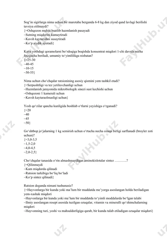 cha kunligida boshlab o‘tlarni yeyishiga o‘rganadi? {=20 ~40 ~45 ~50} go‘shtbop jo‘jalarning 1 kg semirish uchun o‘rtacha necha ozuqa birligi sarflanadi (broyler zoti uchun)? {=3,0-3,5 ~1,5-2,0 ~4,0-4,5 ~2,0-2,5} cho‘chqalar tanasida o‘rin almashmaydigan aminokislotalar sintez ………..? {=qilinmaydi ~kam miqdorda qilinadi ~ratsion tarkibiga bo‘liq bo‘ladi ~ko‘p sintez qilinadi} ratsion deganda nimani tushunasiz? {=hayvonlarga bir kunda yoki ma’lum bir muddatda me’yorga asoslangan holda beriladigan yem-xashak miqdori ~hayvonlarga bir kunda yoki ma’lum bir muddatda to‘yimli moddalarda bo‘lgan talabi ~ilmiy asoslangan resept asosida tuzilgan ozuqalar, vitamin va mineralli qo‘shimchalarning miqdori ~hayvonning turi, yoshi va mahsuldorligiga qarab, bir kunda talab etiladigan ozuqalar miqdori} otlar 1 kamerali oshqozonga ega bo‘lsa ham yuqori darajada kletchatka saqlagan dag‘al ozuqalarni yaxshi hazm qiladi ? {=ko‘r ichak yaxshi rivojlanganligi uchun ~oshqozonda yuqori kislotali muhit bo‘lganligi uchun ~oshqozonda yuqori ishqorli muhit bo‘lganligi uchun ~oshqozonda neytral muhit bo‘lganligi uchun} quyonlarni ozuqalarni hazmlashda boshqa hayvonlardan asosiy biologik farqi nimadan iborat? {=tungi tezagini iste’mol qilishi …