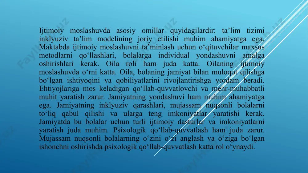o‘quvchilar o‘rtasida o‘zaro hurmat, yordam va tushunish muhitini yaratish, bolaning ijtimoiy ko‘nikmalarini rivojlantirishga yordam beradi. o‘qituvchining bu boradagi roli, bolaning boshqa bolalar bilan teng ravishda muloqot qilishiga, ijtimoiy muhitda erkin bo‘lishiga ko‘maklashishdan iborat. mujassam nuqsonli bolalar ko‘pincha jamiyatda o‘zini boshqalar bilan teng his qilishda qiyinchiliklarga duch keladilar. shu sababli, o‘qituvchi bolaning o‘ziga bo‘lgan ishonchini oshirish va uning ijtimoiy o‘zgarishlariga yordam berish orqali uning jamiyatga integratsiyasini qo‘llab-quvvatlashi kerak. o‘qituvchining bu boradagi roli faqat akademik bilimlar berish bilan cheklanmaydi, balki bolaning hissiy va ijtimoiy rivojlanishiga ham katta ta’sir ko‘rsatadi. etiboringiz uchun rahmat! image1.jpeg image2.jpeg image3.jpeg /docprops/thumbnail.jpeg