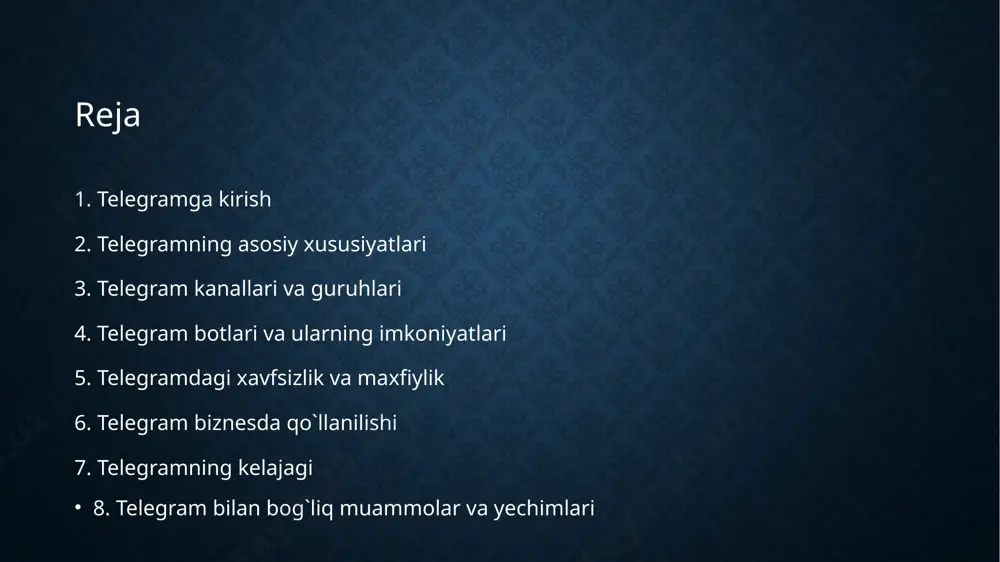 ikki tomonlama aloqa uchun mo`ljallangan. guruhlarda foydalanuvchilar bir-birlariga xabarlar yuborish va muhokama qilish imkoniyatiga ega. telegramda katta guruhlar yaratish mumkin. katta guruhlarni boshqarish uchun maxsus vositalar mavjud. telegram kanallari va guruhlari turli maqsadlarda ishlatilishi mumkin. masalan, yangiliklarni tarqatish, mahsulotlarni reklama qilish va boshqalar uchun ishlatilishi mumkin. telegram kanallari va guruhlari telegram botlari turli xizmatlarni taqdim etadigan maxsus dasturlardir. ular foydalanuvchilarga turli vazifalarni bajarishga yordam beradi. masalan, ob-havo ma`lumotlarini olish, yangiliklarni o`qish, o`yinlar o`ynash va boshqalar uchun botlardan foydalanish mumkin. telegram botlarini yaratish juda oson. buning uchun maxsus dasturlash tillaridan foydalanish kerak emas. telegram botlarini yaratish uchun turli xil vositalar mavjud. botlarni o`z ehtiyojlariga moslashtirish mumkin. botlar foydalanuvchilarga vaqt va kuchlarini tejashga yordam beradi. botlar biznesda ham keng qo`llanilmoqda. botlar yordamida mijozlar bilan aloqa o`rnatish va mahsulotlarni sotish mumkin. telegram botlari va ularning imkoniyatlari telegram foydalanuvchilarining xavfsizligi va maxfiyligiga katta e`tibor beradi. telegram xabarlarni shifrlaydi. bu esa ularning uchinchi shaxslar tomonidan …