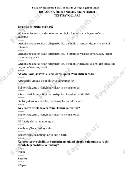 botanika nazorati test savollari — DOCX