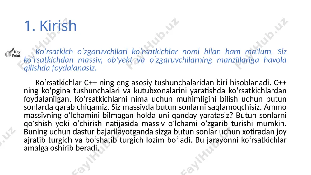 i quyidagicha e’lon qilish mumkin: intpointer p; int* p; int* p1, p2; intpointer p1, p2; koʻrsatkichlar bilan const ni ishlatish konstanta koʻrsatkich konsatnta xotira sohasini koʻrsatadi, ammo xotira sohasidagi qiymat oʻzgarishi mumkin. bilasizki, konsatntalarni oʻzgartirish mumkin emas. siz konstanta koʻrsatkich e’lon qilishingiz mumkin. misol uchun, double radius = 5; double* const p = &radius; bu yerda p konstanta koʻrsatkich. keyinroq p ga boshqa manzilni ta’minlay olmaymiz. bu yerda faqat p konstanta, p orqali koʻrsatilayotgan ma’lumot esa konstanta emas. siz uni oʻzgartirishingiz mumkin. *p=10; koʻrsatkichlar bilan const ni ishlatish bu holatda koʻrsatkich ham, ma’lumot ham konstanta. koʻrsatkichlar bilan const ni ishlatish agar siz koʻrsatkichni quyidagicha e’lon qilsangiz: const double* p=&radius; u holda koʻrsatkich konsatnta emas, ammo koʻrsatkich koʻrsatatyotgan ma’lumot konsatnta. misol uchun, massivlar va koʻrsatkichlar massivda massiv nomi birinchi elementni koʻrsatuvchi konstanta koʻrsatkich hisoblanadi. image1.jpg image2.png image3.png image4.png image5.png image6.png image7.png image8.png image9.png image10.png image11.png /docprops/thumbnail.jpeg