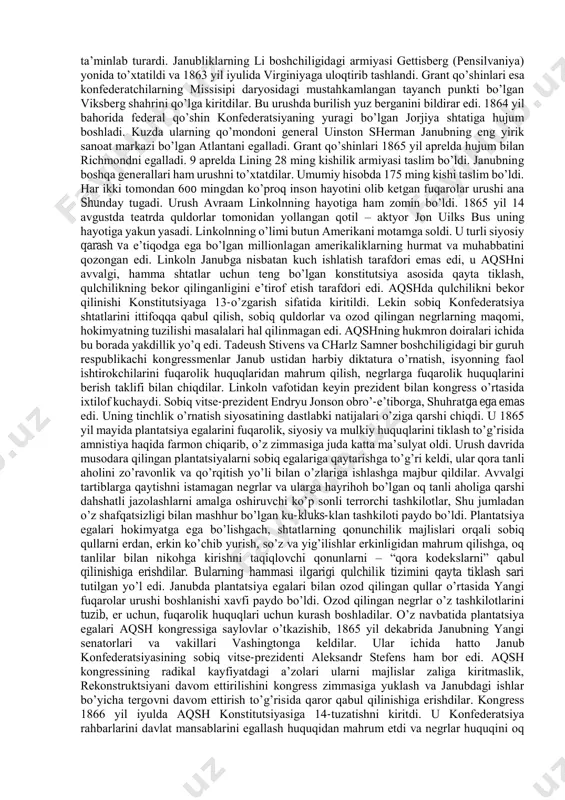 ma-qarshi turgan respublikachilar partiyasi yangi siyosiy kuch bo’lib maydonga chiqdi. bu partiya 1854 yilda chikagoda tashkil topdi. uning etakchisi avraam linkoln qul negrlarni ozod qilish va tub agrar islohot o’tkazish orqali amerikacha demokratiya asoslarini sezilarli darajada kengaytirdi. prezidentlikga nomzodlarni ko’rsatuvchi asosiy partiyalardan tashqari mamlakatda mayda, uncha muntazam bo’lmagan siyosiy birlashmalar ham bor edi. tarkibida ko’pgina muhojirlar bo’lgan amerika “ishchilar partiyalari” asosan dastlab 1o soatlik, keyinchalik 8 soatlik ish kuni, ish haqini oshirish, “mehnat odamlariga” er berilishini ta’minlash kabi an’anaviy talablar bilan chiqardilar. ular xalq maorifiga katta e’tibor berib, bepul umumiy o’rta maktablarni keng yoyilishini talab qilib chiqardilar. aqshda shaxsiy erkinlik, mulk va oila farovonligi eng oliy qadriyatlar hisoblanganligi uchun jamiyatda utopik sotsializm va marksizm g’oyalari deyarli yoyilmadi. aqsh yagona davlat bo’lgani bilan unda ikki xil tuzum – qulchilik va erkin kapitalizm yonma-yon yashardi, shimoliy shtatlarning konstitutsiyasi qulchilikni taqiqlab qo’ygan edi. shimoliy va janubiy shtatlarning manfaatlari kongressda ham o’zaro ajralib turardi. …