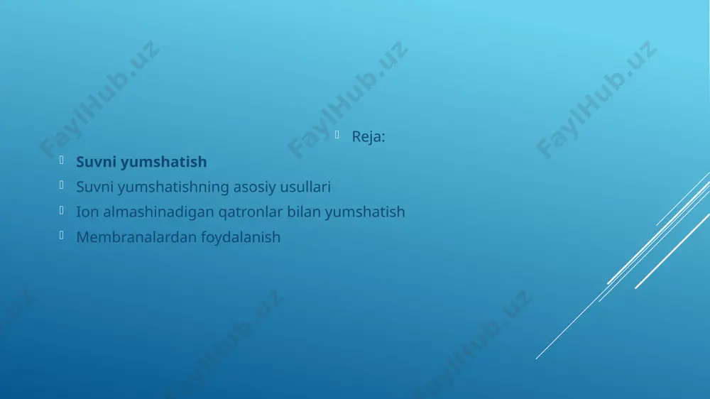 m bir teshik o'lchamiga ega bo'lgan maxsus membrana materiallaridan o'tkaziladi. suvni yumshatishning magnit usuli qattiqlik tuzlarini o'zgartirilgan holatga o'tkazishga asoslangan bo'lib, ular zich kaltsitga emas, balki beqaror aragonitga aylanadi, u quvurlar va issiqlik almashinuvchilari yuzasiga yotqizilmaydi, balki suv bilan chiqariladi. suvning termal yumshatilishi qattiq suvning harorati 120 °c dan oshganda kaltsiy va magniy tuzlari cho'kishiga asoslanadi. reagentlar yordamida suvni yumshatish suvga kaltsiy va magniy kationlari bilan erimaydigan yoki kam eriydigan birikmalar hosil qiluvchi maxsus reaktivlarni qo'shishga asoslangan. söndürülmüş ohak va soda ko'pincha sanoat miqyosida ishlatiladi. ushbu usulning kamchiliklari qo'shimcha tozalashni talab qiladigan oqava suvlarning yuqori sho'rlanishidir; jarayonni ehtiyotkorlik bilan, ko'pincha qo'lda boshqarish zarurati va hosil bo'lgan suvning yuqori gidroksidi reaktsiyasi. kimyoviy usullar ichimlik suvini yumshatish uchun mos emas. odatda, bu usullar suvni birgalikda tozalashning birinchi bosqichidir. suvni muzlatish va distillash orqali ham tozalash mumkin. sanoatda suvni yumshatish usullari distillash kamdan-kam hollarda va faqat isitish uchun arzon energiya mavjud bo'lganda qo'llaniladi, …