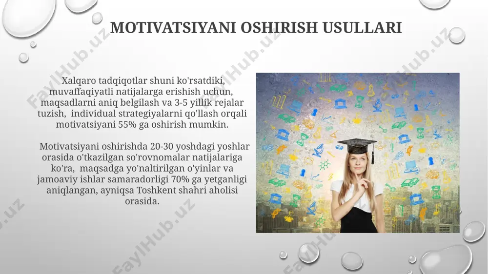 olimlari tomonidan o'tkazilgan. motivatsion omillar (masalan, maqsad qo'yish, mukofotlash tizimi) ish unumdorligini 25-35% ga oshirishi mumkinligini toshkentdagi bir qator korxonalarning tajribasi tasdiqlaydi. motivatsiya va inson xulq-atvori o'zbekistonning 2022-yilgi tadqiqotlari shuni ko'rsatdiki, yoshlar orasida o'z-o'zini anglashga asoslangan ichki motivatsiya tashqi mukofotlarga qaraganda yuqori darajada ta'sir ko'rsatadi. germaniyada olib borilgan eksperimentlarda, maqsadga erishish uchun 5 dan ortiq kichik maqsadlarni belgilash motivatsiyani 2 barobar oshirishi aniqlangan. makkellendning ehtiyojlar nazariyasi makkellendning tadqiqotlari, individual ehtiyojlarni aniqlash orqali, ish samaradorligini oshirish va xususan, rahbarlarning 50% ga yaqinini motivatsiya qilish strategiyasini optimallashtirish mumkinligini isbotlaydi. nazariya, shaxsning o'ziga xos ehtiyojlariga qarab, turli xil motivatsion profilga ega bo'lishini, masalan, yuqori muvaffaqiyat ehtiyojiga ega bo'lgan shaxslar 20% ko'proq yutuqqa erishishini ko'rsatadi. motivatsiyaning turlari va xususiyatlari motivatsiya darajasi individual farqlarga, masalan, shaxsiyat xususiyatlariga bog'liq. introvertlarga nisbatan ekstravertlar 15-20% ko'proq tashqi motivatsiyaga moyil bo'lishlari aniqlangan. motivatsiyaning 3 turi mavjud: ichki (o'z-o'zidan kelib chiqadigan), tashqi (mukofotlar yoki jazolarga asoslangan) va ijtimoiy (boshqalar bilan …