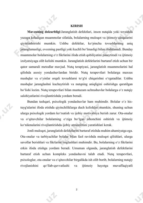 inglashlari muhimdir. bu, bolalarning o‘z fikrlarini erkin ifoda etishga yordam beradi. umuman olganda, jaranglatish defektlarini bartaraf etish uchun kompleks yondashuvni talab etadi. nutq terapevtlari, psixologlar, ota-onalar va o‘qituvchilar birgalikda ish olib borib, bolalarning nutqiy rivojlanishini qo‘llab-quvvatlashi va ijtimoiy hayotga muvaffaqiyatli integratsiyasini ta'minlashi lozim. bu jarayon, bolalar uchun muvaffaqiyatli kelajakni ta'minlashda muhim ahamiyatga ega. kurs ishining maqsadi: jaranglatish defektlari va ularni bartaraf etish metodlari bo‘yicha maqsad, bolalarning nutqiy rivojlanishini oshirish va muloqot qobiliyatlarini yaxshilashdan iborat. ushbu maqsad, bolalarning o‘z fikrlarini erkin ifoda etishlariga, ijtimoiy aloqalarda muvaffaqiyatli bo‘lishlariga va o‘ziga bo‘lgan ishonchlarini oshirishlariga yordam berishni ko‘zlaydi. jaranglatish defektlari ko‘pincha bolalarning o‘zaro muloqot qilish qobiliyatini pasaytiradi, shuning uchun ularga aniq va ravon nutqni o‘rgatish muhimdir. kurs ishining vaizfasi: jaranglatish defektlari va ularni bartaraf etish metodlari vazifasi, bolalarning nutqiy rivojlanishini qo‘llab-quvvatlash va muloqot qobiliyatlarini yaxshilashga qaratilgan. buning asosiy vazifalaridan biri — jaranglatish muammolarini erta aniqlash va ularga individual yondashuvni ta'minlashdir. bu jarayon, bolalarning nutqida …