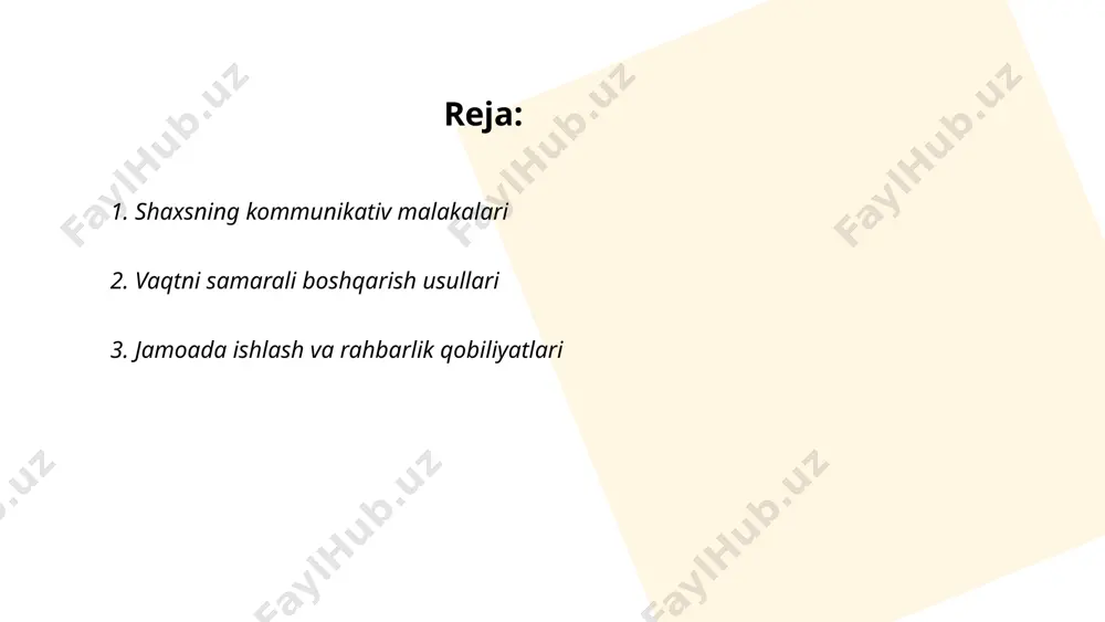 larni to‘g‘ri taqsimlash va mojarolarni hal qilish ahamiyatga ega. rahbarlik ko‘nikmalari esa qiyin vaziyatlarni boshqarishda, motivatsiyani saqlashda va o‘sish imkoniyatlarini yaratishda muhimdir. 2022 yilgi gallup tadqiqoti rahbarlar rahbarlik sifatlarining 70% tashkil etishini ko‘rsatdi. shu bilan birga zamonaviy liderlar innovatsion yechimlar qabul qilishda va moslashish qobiliyatlarida yuqori natijalarni ko‘rsatadi. jamoada ishlash va rahbarlik qobiliyatlari o‘zaro bog‘liq va muvaffaqiyatga erishish uchun bir-birini to‘ldiradi. ... t.me/slaydai_bot 4. stressni boshqarish usullari stressni boshqarish usullari ko'plab tadqiqotlar natijasida belgilanadi. har kuni kamida 30 daqiqa jismoniy mashqlar qilish stressni 20-30 foizga kamaytirishi mumkin. meditatsiya va nafas olish usullarini qo'llash, kuniga 10-15 daqiqa ajratib, stress darajasini 15-20 foiz pasaytiradi. to'g'ri uyqu rejimi ham muhim, kuniga 7-8 soat uxlash stressni samarali boshqarishga yordam beradi. ijobiy fikrlash va diqqatini ijobiy narsalarga qaratish, stressni 25 foiz kamaytirishi mumkin. ijtimoiy muloqot va qo'llab-quvvatlash tizimlarini rivojlantirish orqali stressni yaxshiroq boshqarish imkoniyatiga ega bo‘lasiz. ... t.me/slaydai_bot muammolarni hal qilish malakalari inson hayotida juda …