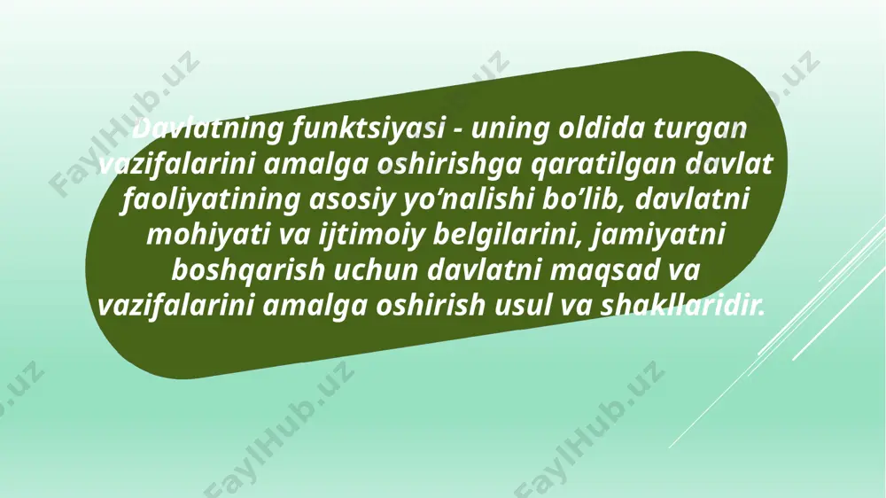 ing zarur sharti bo’lgan ko’ppartiyaviylikni rivojlantirish. shu vazifalardan o’zbekiston davlatining ichki funksiyalari kelib chhadi. iqtisodiy funksiya, madaniy-ma’naviy tarbiyaviy funksiya, turli mulk shakllarini qo’riqlash va mustahkamlsh funksiyasi, moliya nazorat funksiyasi, aholiga ijtimoiy himoya ko’rsatish funksiyasi, aholini ijtimoiy himoya qilish funksiyasi, tabiatni qo’riqlash va ekologik funksiyasi, qonuniylik va huquq tartibotini mustahkamlash funksiyasi, fuqarolarning huquq, burch va erkinliklarini ta’minlash funksiyasi va davlatni idora etishda xalq ommasining ishtiroki va oshkoralikni ta’minlash funksiyalari kiradi. 8 o’zbekiston respublikasining tashqi vazifalariga mamlakatni boshqa davlatning hujumidan himoya qilish, tinchlikni mustahkamlash, turli ijtimoiy tuzimdagi davlatlar bilan tinch-totuv yashash, davlatni harbiy qudratini mustahkamlash ishlari kiradi. davlatning shu vazifalaridan tashqi funksiyaning tubandagi elementlari kelib chihadi. turli davlatlar bilan tinch-totuv yashash funkfiyasi, xorijiy davlatlar bilan hamkorlik qilish funksiyasi, mamlakatni boshqa davlatlar hujumidan himoya qilish funksiyasi, qurolli kuchlarni takomillashtirish, davlat chegaralarini qo’riqlash va jahonda tinchlikni mustahkamlash ishlariga faol qatnashish funksiyalaridan iborat. 9 davlat funksiyalarini amalga oshirish shakllari va usullari davlat ichki va tashqi …