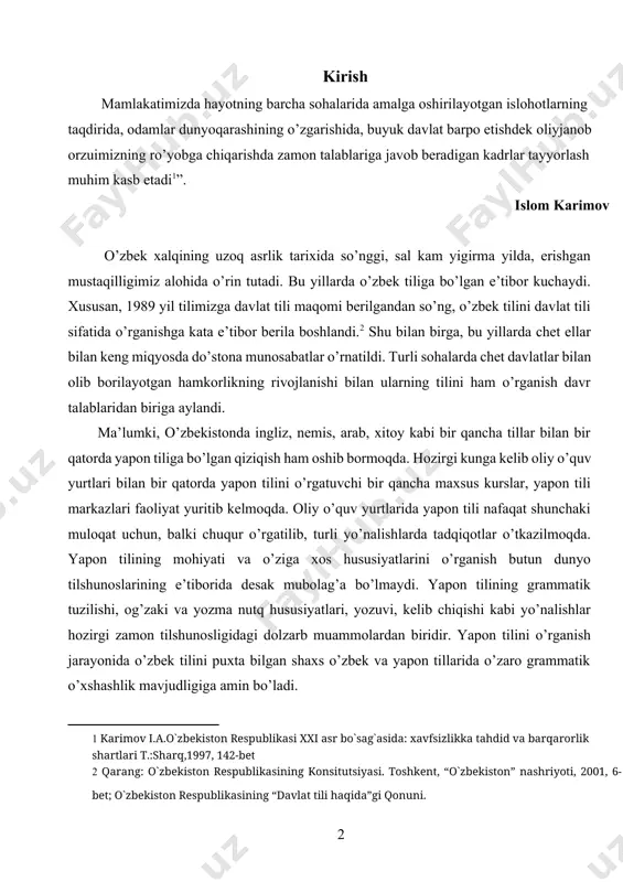 i markazlari faoliyat yuritib kelmoqda. oliy o’quv yurtlarida yapon tili nafaqat shunchaki muloqat uchun, balki chuqur o’rgatilib, turli yo’nalishlarda tadqiqotlar o’tkazilmoqda. yapon tilining mohiyati va o’ziga xos hususiyatlarini o’rganish butun dunyo tilshunoslarining e’tiborida desak mubolag’a bo’lmaydi. yapon tilining grammatik tuzilishi, og’zaki va yozma nutq hususiyatlari, yozuvi, kelib chiqishi kabi yo’nalishlar hozirgi zamon tilshunosligidagi dolzarb muammolardan biridir. yapon tilini o’rganish jarayonida o’zbek tilini puxta bilgan shaxs o’zbek va yapon tillarida o’zaro grammatik o’xshashlik mavjudligiga amin bo’ladi. albatta, bu ikki til turli xil tarixiy jarayonlarni kechirgan tamomila o’zga bir o’lkaning, o’zga millatga mansub kishilarning mustaqil tillaridir. ammo yapon va o’zbek tillari o’rtasida grammatik o’xshashliklar ham mavjud. ana shunday o’xshashliklarni ochib beruvchi ilmiy ishlar bir qancha bo’lsa-da, hali yetarli darajada emas. yillar davomida olib borilgan tadqiqotlar shuni ko’rsatadiki, nihoyatda ko’p so’zlarni jamlagan so’z turkumi, bu fe’l turkumidir. fe’l fikr ifodalovchi vazifasini o’tagani sababli tilda muhim o’rin egallaydi. o’zbek tilshunosligida fe’l masalalari, hususan, fe’lga …