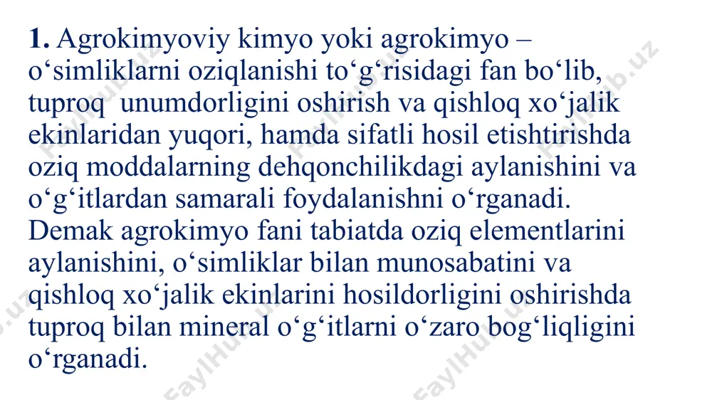 b chiqishi atrof muhit 3. tuproqshunoslik 4. meliorsiya 5. meteorologiya tuproq va atmosfera kimyosi tuproq fizikasi, atmosferadagi fizikaviy xodisalar tuproqning morfologik belgilari, kelib chiqishi va mikrobiologik faolligi agrotexnik tadbirlar 6. dehqonchilik 7. mikrobiologiya 8. qishloq xo‘jalik mexanizatsiyasi 9. menejment va iqtisodiyot tuproqni kimyoviy tarkibiga ta’sir ko‘rsatish (o‘g‘itlar to‘g‘risidagi ta’limot) tuproqni fizikaviy xossalariga ta’sir ko‘rsatish (tuproqqa ishlov berish to‘g‘risida ta’limot) o‘simlikka ta’sir ko‘rsatish (agrotexnik tadbirlar, parvarishlash va seleksiya) agrokimyo fanining boshqa fanlar bilan aloqasi 3. o‘zbekiston respubikasining iqtisodiy moddiy negizini mustahkamlashda qishloq xo‘jaligi ishlab chiqarishini jadallashtirishga, uni keng ko‘lamda kimyolashtirishga qaratilgan yo‘l, hozirgi bozor iqtisodiyoti sharoitida agrokimyo yutuqlarini amalda yanada ko‘proq joriy qilishga cheksiz imkoniyatlar yaratadi. 1-diagramma. respublikamizda o‘g‘it qo‘llash istiqbollari bo‘yicha ma’lumot. dunyoda eng ko‘p bir gektar hisobiga o‘g‘it qo‘llaydigan davlatlar bu gollandiya, germaniya, yaponiya davlatlari misol bo‘ladi. ko‘p o‘g‘it qo‘llaydigan davlatlarga aholisi zich va dehqonchilik qiladigan yerlari kam bo‘lgan davlatlardir. 14 shunga qaramasdan bu davlatlar qishloq xo‘jalik mahsulotlarini eksport …