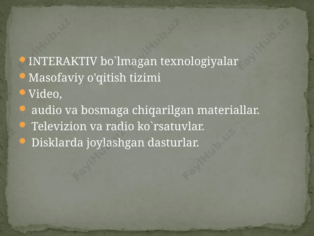 a pedagoglar to’plangan ilmiy-metodik markazga tushadi. ushbu modelda yaratilgan kurslar aholining katta qismiga namoyish qilinib uz vazifasini bajargandan keyin to’xtatiladi. bu modelga misol qilib afrika, osiyo va lotin amerikadagi rivojlanmagan mamlakatlarida o`tkazilgan qishloq xujaligi, soliqlar va ekologiya haqidagi o`tkazilgan har xil kurslar bo`lishi mumkin. masofaviy ta'limning yutuqlari va kamchiliklari. masofaviy ta'limning metodik, iqtisodiy, sotsial yutuqlar va afzalliklari, hamda kamchilik va salbiy tomonlari mavjud /docprops/thumbnail.jpeg