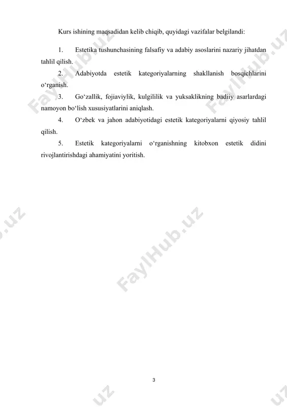 ari. – toshkent: o‘zbekiston milliy ensiklopediyasi, 2012] estetika tushunchasining adabiyotdagi o‘rni haqida gapirganda, avvalo, uning asarlarning shakli va mazmuni bilan bog‘liqligini ta’kidlash lozim. adabiyotda estetik kategoriyalar asarlarning go‘zalligi, yuksakligi, qiziqarli va ta’sirchanligini belgilovchi mezonlar sifatida xizmat qiladi. bu kategoriyalar yordamida yozuvchilar ijodida yuzaga keladigan estetik qirralar, yozilish texnikasi, uslublar va mavzularni chuqurroq tushunish mumkin. masalan, she’riy asarlarda muallifning estetik qarashlari, so‘z boyligi, ritm va musiqiylik, hamda obrazlar yaratilishini tahlil qilishda estetik kategoriyalar muhim rol o‘ynaydi. shuningdek, dramatik va epik asarlarning shakli va mazmuni ham estetik nuqtai nazardan tahlil qilinadi[footnoteref:2]. [2: quronov d. adabiyotshunoslikka kirish. – toshkent: fan, 2010] estetik tushunchasining rivojlanishi tarix davomida o‘zgarib, yangi yondashuvlar va nazariyalar paydo bo‘ldi. klassik adabiyotda go‘zallik va yuksaklikning ideal shakllari, odatda, qattiq talablar va standartlar asosida belgilangan bo‘lsa, zamonaviy adabiyotda estetik kategoriyalar kengayib, intertekstualizm, eksperiment va innovatsiya kabi yangi tushunchalarni o‘z ichiga oldi. bu jarayonda, adabiyotshunoslar estetik kategoriyalarni faqatgina shakl va uslub bilan …