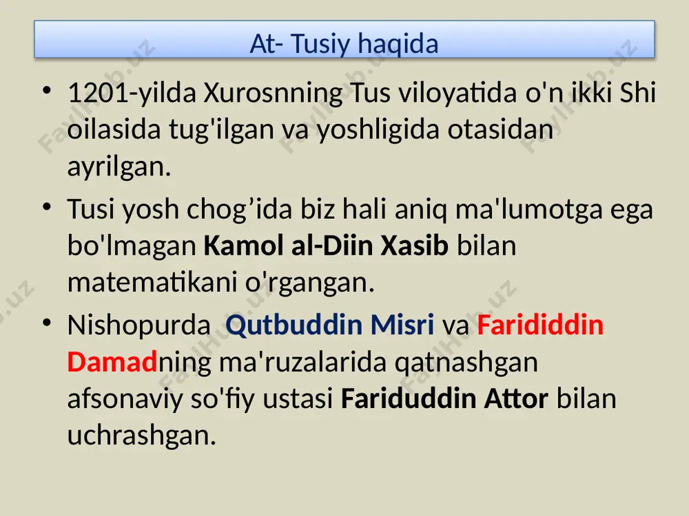 dat al-vujud) to'g'risidagi ta'limotni ishlab chiqdi, u xudo va dunyo o'rtasidagi farqlarni inkor etdi. tanqidchilar (ibn taymiya va boshqalar) bu ta'limotda panteizmni ko'rishgan, tarafdorlari esa uni haqiqiy tavhid (tavhid) deb hisoblashgan. u komil inson kontseptsiyasini himoya qildi (al-insan al-kamil). ibn al-arabiy juda ko'p sayohat qilgan, uning sayohatlari va taassurotlari odatda tasavvuf so'fiylarining talqini bo'lgan. uning hikoyalariga ko'ra, u xizir bilan uch marta uchrashgan. u 800 ga yaqin asar qoldirdi misrlik tadqiqotchi usmon yahyo tomonidan tuzilgan asarlar ro'yxatiga 856 ta asar kiritilgan bo'lib, ulardan 550 tasi 2917 ta qo'lyozmada shu kungacha saqlanib qolgan. alamutga tashrif 1236 yil u nizomiy ismoiliy hukumati markazi bo'lgan alamutga keldi. 633/1235 yildagi axlaq-i nosiriy to'plamida tusining ilmiy yutuqlari ayniqsa alamut ismoiliya imomining o'rni va ismoiliylar davlatidagi eng muhim kutubxonadan foydalanganini aytib o’tadi. alamutda tusi bosh missionerlik lavozimiga (da'i al-duat) ko'tarilgan ismoiliylar safiga ko'tarildi. olimlar bilan doimiy tashriflar va tinimsiz yozishmalar orqali tusi ismoiliylar doirasidan tashqaridagi akademik …
