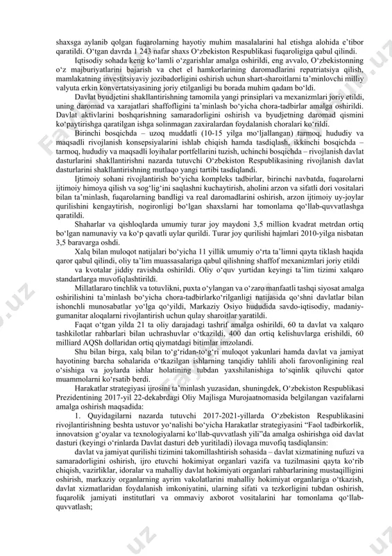 nida tashkil etilgan fuqarolarning murojaatlari bilan ishlash bo‘yicha maxsus bo‘linmalar aholi bilan ishlashning sifat jihatidan yangi samarali tizimini shakllantirishga xizmat qildi. o‘zbekiston respublikasida ma’muriy islohotlar konsepsiyasi davlat boshqaruv tizimini tubdan isloh qilish, “elektron hukumat” va davlat xizmatlari ko‘rsatish tizimini rivojlantirish, iqtisodiyotga ma’muriy ta’sirni qisqartirish hamda boshqaruvning bozor mexanizmlarini kengaytirish, sog‘lom raqobat muhiti va qulay investitsiya iqlimini yaratish bo‘yicha aniq chora-tadbirlarni belgilab berdi. sud-huquq tizimida sudlarning haqqoniy mustaqilligini ta’minlash, sud kadrlarini tanlab olishning demokratik va shaffof mexanizmini shakllantirish bo‘yicha kompleks chora-tadbirlar amalga oshirildi. joylarda ma’muriy va iqtisodiy sudlarning tashkil etilganligi odil sudlovga erishish darajasini oshirish imkonini berdi. huquqni muhofaza qiluvchi organlar tizimini isloh qilish, huquqbuzarliklarni barvaqt profilaktika qilish va jinoyatchilikka qarshi kurashish bo‘yicha ko‘rilgan chora-tadbirlar natijasida mamlakatda jinoyatchilikning umumiy ko‘rsatkichi 15,7 foizga kamayishiga erishildi, 1,2 ming mahallalarda birorta jinoyat sodir etilishiga yo‘l qo‘yilmadi. ilgari, asosan xavfsizlikka xavf-xatar va tahdidlar oqibatlariga qarshi kurashish bilan cheklangan terrorizm va ekstremizmga qarshi kurashish bo‘yicha chora-tadbirlarni …