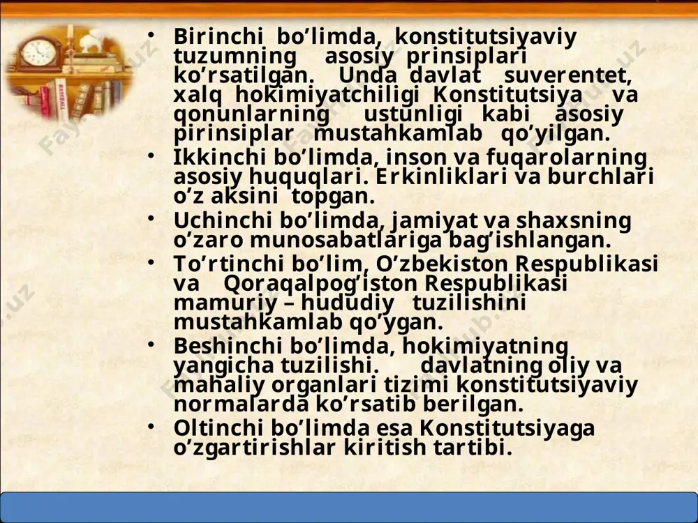 h kiritish tartibi referendum yo’li bilan amalga oshirilishi lozim. shuni takidlash kerakki, ispaniya konstitutsiyasi bo’yicha bosh kortesning ikkala palatasida ham deputatlarning uchdan bir qismidan ko’prog’ ovoz bersa kontitutsiyaga o’zgartirishlar kiritish mumkin. ba’zi hollarda esa konstitutsiyaga o’zgartirish kiritishni qonun tashabbusiga ega bo’lgan barcha subyektkarning o’zlarigina taklif eta olmaydilar . masalan; gretsiyada prezedent va parlamentning 150 deputati roziligi bilan, avstriyada boshqa subyektlar bilan birga xalq tashabbusi, yani 100 ming imzo bilan , italiyada 50 ming imzo bilan o’zgartirishlar taklif etilishi mumkin. meksika konstitutsiyasi umuman o’zgartirilmaydigan hujjat sifatida qaraladi. o’zbekiston respublikasi konstitutsiyasini o’zgartirish o’zbekiston respublikasi oliy majlisi jami deputatlarning kamida uchdan ikki qismidan iborat ko’pchiligi tomondan qabul qilingan qonun bilan amalga oshirilgan. hindistonning 1949 yil 26 noyabrda ta’sis majlisi tomonidan qabul qilinib , 1950 yil 26 noyabrdaa kuchga kirgan konstitutsiyasi 42 marotoba , uchdan ikki qismi o’zgartirilgan. 2014 yil 10 aprel kuni o’zbekiston respublikasi oliy majlis senatining o’n to’rtinchi yalpi majlisida o’zbekiston respublikasi …