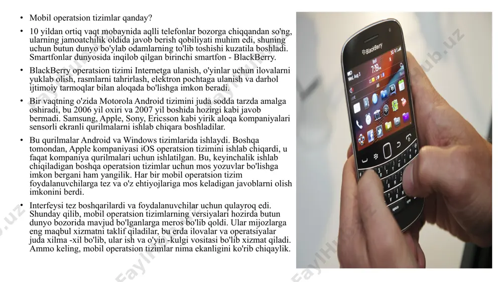 lliondan oshdi va yuklashlar soni esa 70 milliarddan oshib ketdi. tizimning kamchiliklari uning faqat apple qurilmalarida mavjudligini o'z ichiga oladi. shunga ko'ra, bu holda smartfonni tanlash sezilarli darajada toraygan (android bilan solishtirganda). tizimda biror narsani o'zgartirish, kompyuterdan fayllarni uzatish va hokazolar yo'q, ya'ni foydalanuvchining qurilma bilan ishlashdagi erkinligi juda cheklangan. telefon sotib olayotganda, kerakli xotira hajmini darhol hal qilishingiz kerak, chunki siz uni kengaytira olmaysiz. ushbu operatsion tizim microsoft tomonidan ishlab chiqilgan. bu yuqoridagi kabi mashhur emas, lekin ko'pchilik foydalanuvchilar wp kelajakda yetakchilar bilan raqobatlasha olishiga ishonishadi. bu erda interfeys juda qulay va g'ayrioddiy: vidjetlar o'rniga "jonli plitkalar" deb ataladigan narsalar mavjud. ular ilovaning o'zini ochmasdan ma'lumotlarni ekranda ko'rsatadilar (masalan, taqvim, ob-havo va boshqalar). ko'pincha afzalliklar orasida tizimning sezgirligi, interfeysning tezligi va silliqligi mavjud. yana bir kamchilik - tizimdagi bir xil ovoz balandligi: agar siz musiqani to'liq tinglasangiz, kiruvchi qo'ng'iroq bir xil darajada bo'ladi. mobile internet user interface (miui – …