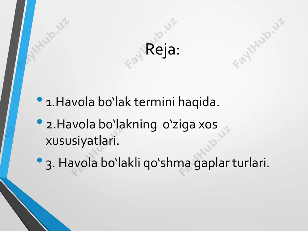 • 2. ergashgan qo‘shma gaplarda ikkita soda gap orqali ikkita voqea – propozitsiya ifodalanmaydi, bitta voqea ifodalanadi. bunday gaplarda shakl va mazmun nomutanosib (asimmetrik) hisoblanadi: • afsuslanarlisi shundaki, u o‘z vazifasini bilmaydi. – afsuski, u o‘z vazifasini bilmaydi. • men shuni bilamanki, u juda mas’uliyatli - bilishimcha, u juda mas’uliyatli • 19 1 •qayerda tinchlik bo‘lsa, o‘sha yerda ish samarali bo‘ladi (o‘rin e.g.q.g.) 2 •ona qayerda bo‘lsa, bolalar ham shu yerda. •(kesim e.g.q.g.) 3 • qayerda suv ko‘p bo‘lsa, o‘sha yerning ekinlari hosildor bo‘ladi. (aniqlovchi e.g.q.g.) 4 • qayerda suv ko‘p bo‘lsa, o‘sha yer obod bo‘ladi. (ega e.g.q.g.) havola bo‘laklar orqali ergash gapli qo‘shma gap turlarini farqlash 20 1 • shunday kitoblar borki, o‘qiganda o‘zingni ham unutasan. (aniqlovchi e.g.q.g.) 2 •sen qanday bo‘lsang, men ham shunday bo‘laman. (ravish e.g.q.g.) 3 • u shunday kuldiki, men cho‘chib ketdim. • (natija e.g.q.g.) 4 u shundayki, aytganini qilmay qo‘ymaydi. (kesim e.g.q.g.) ergash gapli …