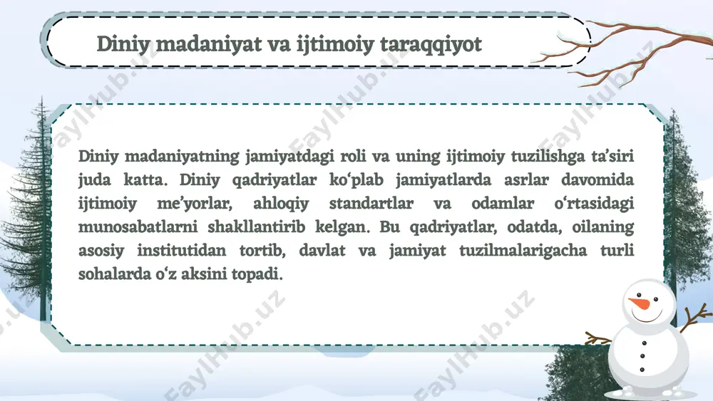 kabi qadriyatlar iqtisodiy tengsizlikni kamaytirish va jamiyatda ijtimoiy adolatni ta’minlashda muhim ahamiyatga ega. diniy madaniyatning siyosiy va huquqiy tizimlarga ta’siri jamiyatning boshqaruv strukturalari va fuqarolarning siyosiy hayotiga sezilarli darajada ta’sir qiladi. diniy qadriyatlar va an’analar ko‘pincha jamiyatning siyosiy qarorlari, qonunlari va huquqiy tizimlarining shakllanishida muhim omil bo‘lib xizmat qiladi. bu ta’sirning turli darajalari va ko‘rinishlari mavjud bo‘lib, ular davlatning siyosiy tizimi va fuqarolik jamiyatining rivojlanishiga katta ta’sir o‘tkazadi. diniy madaniyatning siyosiy va huquqiy tizimlarga ta’siri diniy madaniyat va siyosiy tizim: diniy ta’sir va qonunlar ko‘plab jamiyatlarda diniy madaniyat siyosiy tizimlarga ta’sir ko‘rsatadi, bu ta’sir esa qonunlar va hukumatning siyosatiga aks etadi. shariat qonunlari, ya’ni islomiy huquq, musulmon jamiyatlarining ko‘pida siyosiy va huquqiy tizimlarning asosini tashkil qiladi. bu qonunlar ijtimoiy adolat, oilaviy munosabatlar, iqtisodiy faoliyat va boshqalar kabi ko‘plab sohalarda diniy ta’limotlarga asoslanadi. diniy an’analarning inson huquqlari, erkinliklar va boshqaruv tizimiga ta’siri diniy madaniyatlar inson huquqlari va erkinliklari masalalariga qarashlarni shakllantiradi. …