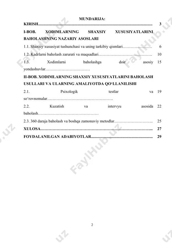 da”gi pf-61-son farmonida 25 yoshgacha bo‘lgan yoshlar uchun to‘langan ijtimoiy soliq summalarini davlat tomonidan to‘liq qoplab berish tartibi joriy qilindi. ushbu qaror orqali davlat xususiy sektorni yoshlarni faol jalb qilishga undaydi. bu esa, o‘z navbatida, ishga qabul qilish jarayonida nomzodlarning shaxsiy va kasbiy fazilatlarini chuqur o‘rganishni talab etadi. xodimlarni yollashda ularning aqliy va hissiy salohiyati, mehnatga munosabati, jamoada ishlash layoqati kabi jihatlarni hisobga olish orqali samarali mehnat muhitini yaratish mumkin. o‘zbekiston respublikasi prezidentining 2023-yil 25-yanvardagi pf-27-sonli farmoni bilan tasdiqlangan “2022–2026 yillarga mo‘ljallangan yangi o‘zbekistonning taraqqiyot strategiyasini ‘insonga e’tibor va sifatli ta’lim yili’da amalga oshirishga oid davlat dasturi”da ham kadrlar siyosatini takomillashtirish, ularning kompetensiyalarini baholash va ularni rivojlantirishga alohida urg‘u berilgan. bu esa boshqaruv tizimida shaxsga yo‘naltirilgan yondashuvni mustahkamlash, zamonaviy baholash texnologiyalarini joriy etish orqali har bir xodimning salohiyatini to‘liq ro‘yobga chiqarishga xizmat qiladi. shunday ekan, xodimlarning shaxsiy xususiyatlarini baholash usullarini chuqur o‘rganish, ularning ilmiy-nazariy asoslarini aniqlash va amaliyotga tatbiq etish …