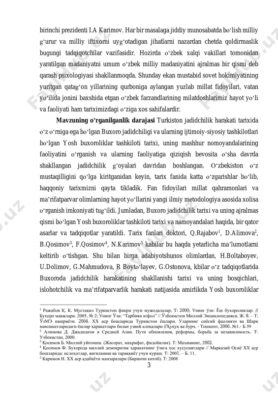 nida katta о‘zgarishlar bо‘lib, haqqoniy tarixmizni qayta tikladik. fan fidoyilari millat qahramonlari va ma’rifatparvar olimlarning hayot yо‘llarini yangi ilmiy metodologiya asosida xolisa о‘rganish imkoniyati tug‘ildi. jumladan, buxoro jadidchilik tarixi va uning ajralmas qismi bо‘lgan yosh buxoroliklar tashkiloti tarixi va namoyandalari haqida, bir qator asarlar va tadqiqotlar yaratildi. tarix fanlari doktori, q.rajabov1, d.alimova2, b.qosimov3, f.qosimov4, n.karimov5 kabilar bu haqda yetarlicha ma’lumotlarni keltirib о‘tishgan. shu bilan birga adabiyotshunos olimlardan, h.boltaboyev, u.dolimov, g.mahmudova, r boytо‘layev, g.ostonova, kbilar о‘z tadqiqotlarida buxoroda jadidchilik harakatining shakllanishi tarixi va uning bosqichlari, islohotchilik va ma’rifatparvarlik harakati natijasida amirlikda yosh buxoroliklar 1 ражабов қ. к. мустақил туркистон фикри учун мужодалалар, т: 2000; унинг ўзи: ёш бухороликлар. // бухоро мавжлари. 2005, № 2; унинг ўзи: “тарбияи атфол” // ўзбекистон миллий энциклопедияси. ж. 8. – т: ўзмэ нашриёти. 2004. хх аср бошларида туркистон ёшлари. уларнинг сиёсий фаолияти ва шарқ мамлакатларидаги ёшлар ҳаракатлари билан узвий алоқалари //ҳуқуқ ва бурч. - тошкент, 2000. …