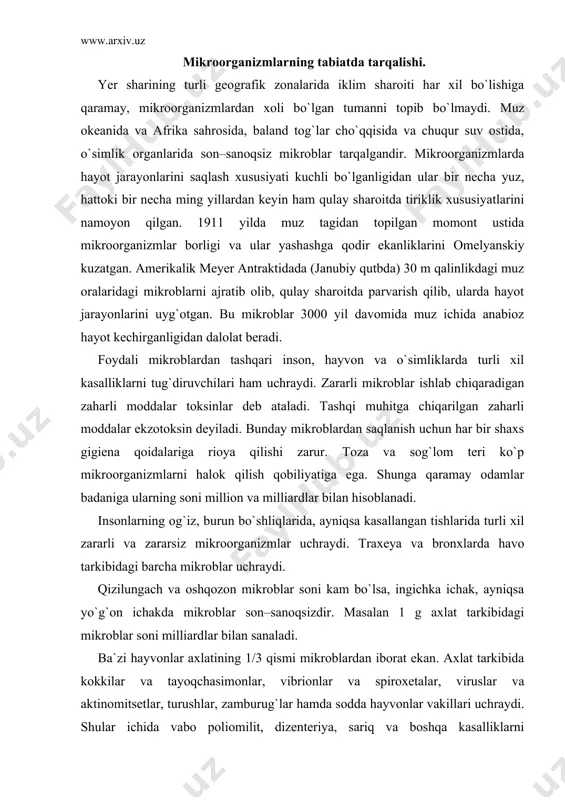 tarkibida mikroblar soni 200–300 ming donaga borib qolar ekan. jumladan, dars boshlashdan oldin 1 m3 sinf havosi tarkibida 300 mikrob borligi aniqlangan. darsdan keyin esa mikroblar soni 4 ming gacha ko`paygan. bu hodisa tanaffus vaqtida derazalarni ochib, xonani shamollatish zarurligini ko`rsatadi. mikroblar kichik bo`lganligi tufayli biz ularni ko`ra olmaymiz. ammo ularni ko`z bilan ko`rish qobiliyatiga ega bo`lganimizda edi, ularning kuchli jalaga o`xshab to`rganligini kuzatgan bo`lar edik. havoning quruq bo`lishi, quyosh nuri, oziq moddalarning yo`qligi ularning ko`payishiga va rivojlanishiga yo`l qo`ymaydi. natijada havo tarkibidagi zararli mikroorganizmlar ham kamdan–kam uchraydi. havodagi mikroblarning oz–ko`pligi har xil usullar bilan aniqlanadi. kox usuli: petri kosachasiga 15–20 ml go`sht–pepton agari quyiladi. u qotgandan keyin, uyning burchaklariga va o`rtasiga qopqog`i ochib qo`yiladi. chang bilan birga kosachaga havodagi mikroblar o`tiradi. shundan so`ng kosachaning qopqog`i berkitilib, uni termostatga qo`yiladi (+37 daraja). qancha mikroblar tushgan bo`lsa, shuncha koloniyalar o`sadi yoki hosil qiladi. shundan keyin havoda mikrob bor–yo`qligini, ularning soni va …