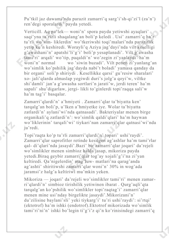 of).ektotrof mikorizada wo’simlik tami’ri’ni’n’ ishki bo’legin ti’g’i’z qi’n ko’rinisindegi zamarri’q micelliyi worap aladi’. endotrof mikorizada zamarri’q tami’rdi’n’ ishki toqi’malari’na kirip aladi’. si’rtqi’ mikoriza tiykari’nan tog’aylardag’i’ qayi’n’, yemen ha’m iyne japi’raqli’ ag’ashlarda ushi’raydi’. zamarri’q ag’ash tami’ri’nan uglevodlardi’ ha’m vitaminlerdi wo’zlestiredi. soni’n’ menen birge topi’raqti’n’ gumusi’ (shirindi) qurami’ndag’i’ beloklardi’ aminokislotag’a tarqatadi’. aminokislotalardi’n’ bir bo’legi wo’simlik ta’repinen wo’zlestiriledi. bunnan basqa zamarri’q ag’ashti’n’ tami’r sistemasi’ni’n’ sin’iriw bet ko’lemin ko’beytedi, bul bolsa wo’z gezeginde zu’ra’a’tsiz topi’raqlarda wo’sip ati’rg’an wo’simlik ushi’n u’lken a’hmiyetke iye boladi’. ishki mikoriza ko’binese sho’p wo’simliklerinde ushi’raydi’. . geybir zamarri’qlar parazit organizmler retinde wo’simlik ha’m haywanlarda ha’r tu’rli keselliklerdi keltirip shi’g’aradi’. awqatqa paydalanatug’i’n zamarri’qlar awqatli’q a’hmiyetke iye. zamarri’qlardi’n’ geybir tu’rlerinen antibiotikler ha’m vitaminler ali’wda, sonday-aq ashi’tqi’lardan turmi’sta ken’ paydalani’ladi’. lichaynikler. lichaynikler tiri organizmlerdin’ wo’zine ta’n gruppasi’ boli’p, zamarri’qlar ha’m suw wotlari’ni’n’ simbioz tirishilik yetiwinen kelip shi’qqan wo’simlikler boli’p yesaplanadi’). lichay- niklerdin’ 26 000 g’a jaqi’n tu’ri belgili . lichayniklerdin’ denesinin’ ren’i ha’m …