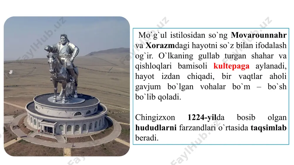 iradi. unda «bundan keyin tog` va cho`llarda yashashga, shahar atroflarida manzil qurmaslikka, chorvani ekinzorlarda o`tlatmaslikka va bekordan bekorga jarima va soliq olmaslikka» qaror qiladilar. movarounnaҳr ҳukmdori mas'udbek pul isloҳoti o`tkazadi. u o`lkaning 16 ta shahar va viloyatlarida, bir xil vazn va o`lchovlarda yuqori qiymatga ega bo`lgan sof kumush tangalar zarb ettirib, muomalaga kiritgan. mo`g`ul amaldorlarining mahalliylashishi chig`atoy xoni bo`lgan duvoxon (1291 – 1306 yil) andijon shahriga asos solingan chig`atoyning nabirasi muborakshoh (1264 yil) mo`g`ul hukmdorlaridan 1-bo`lib islomni qabul qilgan qarshi (mo`g`ulcha “saroy”) shahriga asos soldi chig`atoy xoni kebekxon (1318–1326 yil) kebekxon 1321- yilda og'irligi 8 grammlik katta kumush tanga- «dinor» hamda 1 grammlik kichik tanga- «dirham»ni zarb ettirdi. yangi pul «kepaki» nomi bilan mashhur bo'lgan. dinor dirham kepaki yer egaligi hususiy mulk vaqf mulki mulki inju suyurg`ol yerlar mulki devon image1.png image2.jpeg image3.jpeg image4.jpeg image5.jpeg image6.png image7.jpeg image11.jpeg image8.jpeg image9.png image10.jpeg image12.jpeg image13.jpeg image14.jpeg image15.jpeg image16.png image17.jpeg image21.jpeg image18.jpeg image19.jpeg …