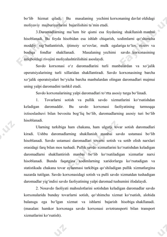 orxonalarida bunday tovarlarni sotish, qo‘shimcha xizmat ko‘rsatish, alohida balansga ega bo‘lgan xizmat va ishlarni bajarish hisobiga shakllanadi. (masalan: hamkor korxonaga savdo korxonasi avtotransporti bilan transport xizmatlarini ko‘rsatish). 3. mulk sotishdan keladigan daromadlar. bu asosiy fondlarning alohida turlarini, nomaterial aktivlarni, qimmatli qogozlarni, valyuta boyliklarini va savdo korxonalarining material va moliyaviy aktivlarining boshqa shakllarini sotishdan tushadigan daromad hisobidan shakllanadi. 4. sotish operatsiyalari daromadlaridan boshqa daromadlar. tovar sotish, pulli xizmat ko‘rsatish va savdo korxonasiniig boshqa savdo operatsiyalari bilan bsvosita bog‘liq bo‘lmagan daromadlar tushumi hisobidan shakllanadi. ularning tarkibiga berilgan savdo korxonasining mahalliy yoki xorijiy sheriklar ishtirokidagi boshqa qo‘shma korxonalar faoliyatidagi payli qatnashishi daromadlari (qo‘shma korxonalarda uning payi uchun foyda ko‘rinishida bo‘ladi); korxonaga tegishli obligatsiyalar daromadlari; chiqarilgan aksiya va boshqa qimmatli qog‘ozlar daromadlari (qimmatli qog‘ozlardan olingan foiz summalari va dividentlar ko‘rinishida); korxonaning banklardagi depozit qo‘yilmalaridan oladigan daromadlari; olingan jarimalar va qoplamalar; nosavdo operatsiyalarining boshqa daromad shakllari kiradi. savdo korxonalarining yalpi daromadining asosini savdo faoliyati daromadlari …