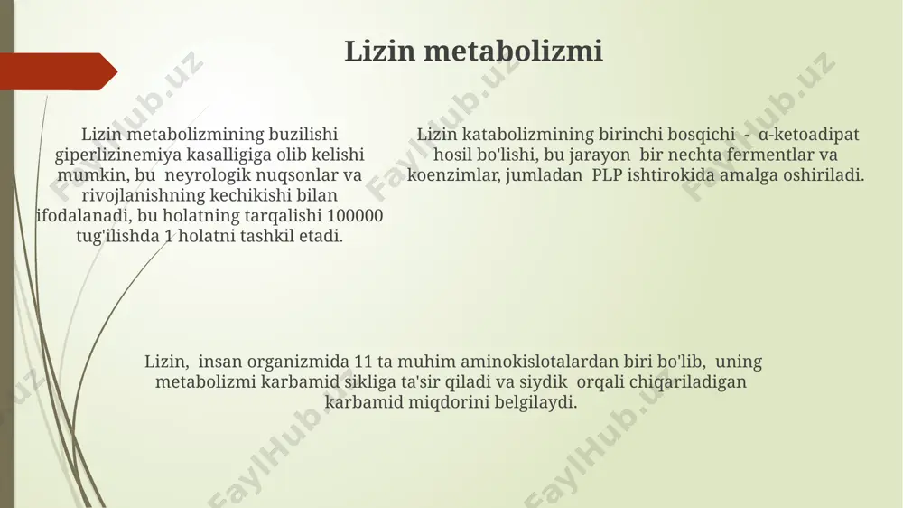 , piruvat, krebs sikliga kiradi va atp shaklida energiya hosil qilish uchun oksidlanadi; bu jarayon hujayra nafas olishining bir qismidir. alanin katabolizmining oxirgi mahsuloti, piruvat, krebs sikliga kiradi va atp shaklida energiya hosil qilish uchun oksidlanadi; bu jarayon hujayra nafas olishining bir qismidir. valin, leytsin va izolöysin metabolizmi valin, leytsin va izolöysin katabolizmi α-ketoizovalerat, α-keto-β-metilvalerat va α-ketoiso kapronat kabi oraliq mahsulotlar hosil bo'lishini o'z ichiga oladi, bu jarayonlarda koenzim a va b vitaminlari muhim rol o'ynaydi. izolöysin parchalanishining yakuniy mahsulotlari propionil-koa va asetil-koa bo'lib, ularning ikkalasi ham sitrat sikliga kiradi va energiya hosil qilishda ishtirok etadi, bu jarayon 8-10 bosqichdan iborat. leytsin metabolizmining o'ziga xos xususiyati, uning asetil-koa va asetoasetatga aylanishi hisoblanadi, bu esa keyinchalik ketogenez jarayonida ishtirok etadi; bu jarayon 3 ta ferment kompleksini o'z ichiga oladi. sistein metabolizmi sistein, tsistin bilan o'zaro aylanish jarayonida, glutation reduktaza fermenti yordamida 2 molekula nadph sarf qiladi. sisteinning katabolizmi natijasida sulfat shaklida …