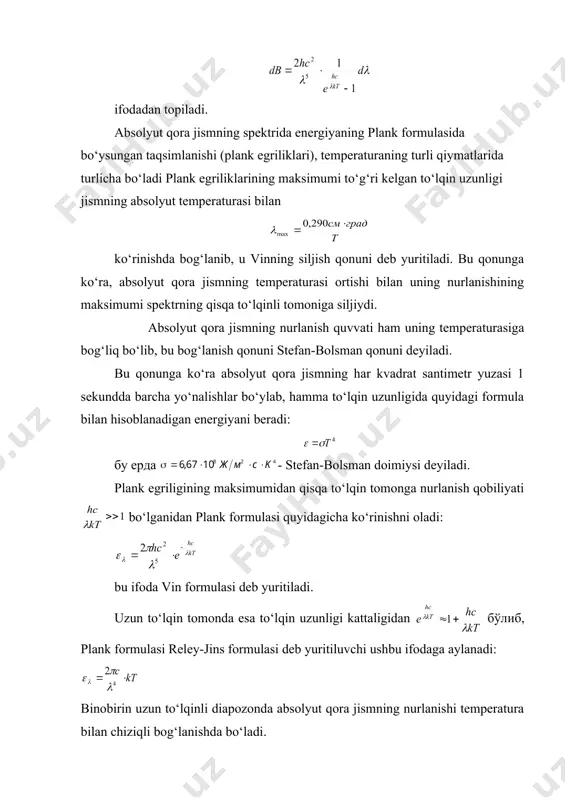 in formulasi deb yuritiladi. uzun to‘lqin tomonda esa to‘lqin uzunligi kattaligidan бўлиб, plank formulasi reley-jins formulasi deb yuritiluvchi ushbu ifodaga aylanadi: binobirin uzun to‘lqinli diapozonda absolyut qora jismning nurlanishi temperatura bilan chiziqli bog‘lanishda bo‘ladi. spekral analiz asoslari. astrofizik obyektlarning spektrlari va ularda kuzatiladigan chiziqlar astrofizik metodlar ichidi spektral analiz, osmon jismlarining fizik tabiatini tadqiq qilish borasida alohida ahamiyat kasb etadi. o‘tgan asrning o‘rtalarida yulduz va planetalarning fizik tabiati spektral metod yordamida o‘rganishni italiyalik astronom sekki boshlab berdi. astronomiyada yangi bu metodning qo‘llanishi, osmon jismlarining temperaturasini, ximik tarkibini, magnit maydoni kuchlanganligini, harakat tezligini, masofasini va boshqa talay yoritgichga tegishli fizik parametrlarni aniqlashga imkon berib, katta yutuqlarni qo‘lga kiritilishiga sabab bo‘ldi. nurlanayotgan jismning holatiga va qanday sharoitda turganligiga ko‘ra uning spektri asosan uch turli bo‘lishi mumkin: 1) tutash spektri. 2) chiziqli nurlanish (emission). 3) yutilish spekrti. ximik tarkibigi bog‘liq bo‘lmagan holda ch¢g‘langan qattiq, suyuq holatdagi jismlar hamda katta bosim va yuqori temperaturadagi …