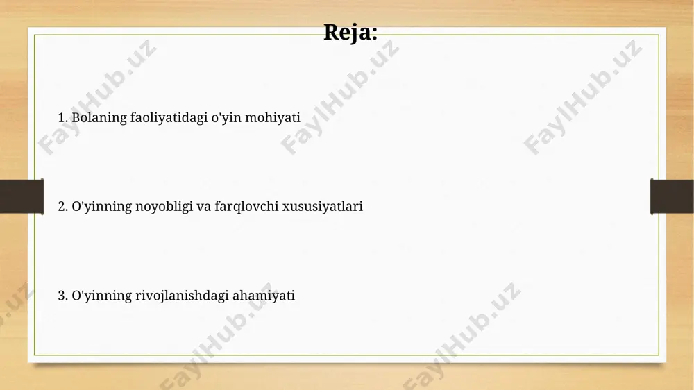 usan, rollarni o'ynash o'yinlari, bolalarning empatiya va perspektiva almashtirish kabi ijtimoiy-emotsional ko'nikmalarini rivojlantirishda muhim rol o'ynaydi, ularning ijtimoiy moslashuvchanligini 20-30% ga oshiradi. o'yin jarayonida bolalar 3-5 yosh oralig'ida o'z tengdoshlari bilan o'zaro ta'sir o'rnatish, hamkorlik qilish va ijtimoiy normalarni o'rganish kabi muhim ijtimoiy ko'nikmalarni rivojlantiradilar. ijodiylik va o'yin o‘yin orqali ijodkorlikni rivojlantirishda 80% amaliy mashg‘ulotlar va 20% nazariy bilimlar muvozanatini saqlash muhim ahamiyat kasb etadi. ijodkorlik jarayonida bolaning o‘yin faoliyati 3-7 yosh oralig‘ida eng yuqori cho‘qqisiga chiqadi, bu davrda ramziy fikrlash va mulohaza yuritish qobiliyatlari jadal rivojlanadi. o'yinni qo'llab-quvvatlash bolalar o'yinida erkinlik va mustaqillikni ta'minlash muhim, chunki bu ularning ijodiy qobiliyatlarini 2-3 baravar oshirish imkonini beradi va mustaqil fikrlashni rivojlantiradi. o'yin faoliyatining 4 asosiy turi – jismoniy, intellektual, ijtimoiy va ijodiy o'yinlar bolaning barcha tomonlama rivojlanishiga hissa qo'shadi. o'yinning noyobligi o'yin jarayonida bolalar muammo yechish, qaror qabul qilish va kreativ fikrlash kabi muhim kognitv funksiyalarni rivojlantiradi, bu esa taxminan 7 …
