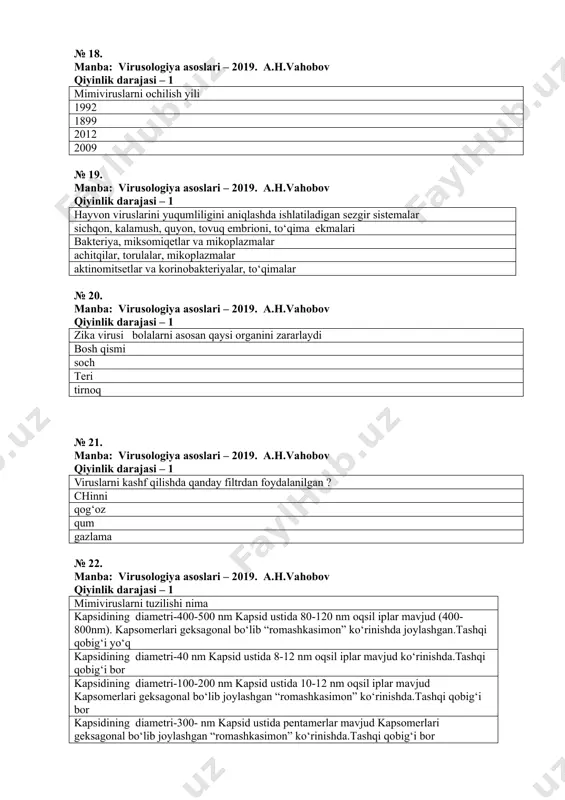 a virus preparati qanday bo‘lishi kerak normal hujayra komponentlaridan amaliy toza bo‘lggan preparat polietilen glikolni 6000 m.m yordamida tozalangan preparat izoelektrik nuqta yordamida va tuz yordamida tozalangan preparat normal hujayra komponentlaridan 5% xoli bo‘lgan preparat № 26. manba: virusologiya asoslari – 2019. a.h.vahobov qiyinlik darajasi – 1 toza virus preparatining mezonlari elektron mikroskopda faqat bir xil virus zarralarini bo‘lishi; spetsifik antizardob bilan reaksiya berishi; analitik utsfda yagona “cho‘qqi”, elektroforezda yagona chiziq; sezgir siste-malarda spets-ifik simptom elektron mikroskop ostida xarxil shaklli virus zarralarini bo‘lishi; spetsifik antizardob bilan reaksiya; analitik utsf va elektroforezda yagona “cho‘qqi” elektron mikroskop ostida virus va ribosomalarni bo‘lishi spetsifik antizardob bilan spetsifik reaksiya (pretsipitatsiya chizig‘i) elektron mikroskop ostida faqat xar xil virus zarralarini bo‘lishi; spetsifik antizardob bilan reaksiya № 27. manba: virusologiya asoslari – 2019. a.h.vahobov qiyinlik darajasi – 1 virus tozalashning “avaylovchi”(shadyaщiy) usul(lar)i moddalar gradienti zichligida tozalash usuli, gelfiltratsiya differensial sentrifugalash va izoelektrik nuqtasida tozalash izoelektrik nuqtada …