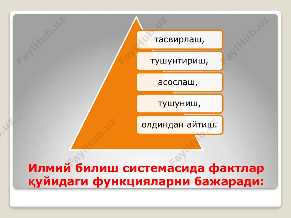 зон бўлиб хизмат қилади. жон лок тадқиқотчининг тафаккури орқали фактларни анализ қилиш натижасидагина ўрганилаётган ҳодисаларнинг умумий ва алоҳида хоссалари ажратилади. айни фактлар орқалигина объектнинг моҳияти олимнинг ҳақиқатга ташна нигоҳи олдида ўзлигини намойиш этади. xvii асрдаёқ машҳур инглиз мутафаккири жон локк (1632-1704) фактни “қандайдир ягоналикнинг мавжудлиги” сифатида таърифлаган эди. илмий фактнинг гносеологик моҳияти шундан иборатки, у фандаги илмнинг оддий шакли бўлгани ҳолда билиш объектидаги жуда кўп қирралар, хосса ва хусусиятларни илғаб олади. /docprops/thumbnail.jpeg