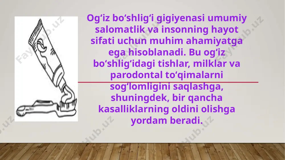 lashdan oldin, yumshoq tish choʻtkasi va floridli tish pastasi bilan tozalash kerak. tozalash paytida tishlar orasidagi bo‘shliqlarni, milk chiziqlari atrofini va tilni ham e’tibordan chetda qoldirmaslik muhim. gigiyena usullarini bemorlarga o‘rgatish: tishlarni tozalash texnikasi: tishlarni aylana harakatlar bilan, milkdan tishga tomon tozalash kerak. har bir tozalash kamida 3 daqiqa davom etishi lozim. bemorni motivatsiya berish uchun unga sog‘lom tish va og‘iz bo‘shlig‘ining umumiy salomatlik uchun qanchalik muhimligini tushuntirish kerak. agar kerak bo‘lsa, tish tozalashning to‘g‘ri texnikasini amaliyotda ko‘rsatib berish foydali bo‘ladi. og‘iz bo‘shlig‘i gigiyenasida qoʻllaniladigan vositalari va ulardan foydalanish tish cho’tkasi: har kuni kamida 2 marta to‘g‘ri texnika yordamida tishlarni tozalash kerak. tish choʻtkasini qattiq, o‘rta qattiqlikdagi va yumshoq turlarga boʻlish mumkin. ogʻiz boʻshligʻidagi holatga qarab choʻtkalardan foydalanish tavsiya etiladi. tish pastasi: tarkibida ftor bo‘lgan pastalar kariesdan himoya qiladi. bu esa oʻz navbatida kariyesning asoratlarini yaʼni parodontal kasalliklarni keltirib chiqarishini oldini olishda yordam bergan hisoblanadi floss iplari: tishlarning kontakt yuzalarini …