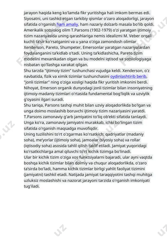 chni ado etish, qonunlarni hurmat qilish kabilardan iborat. talab va madad impulslarining haddan tashqari, ortib yoki kamayib ketishi tizim faoliyatini yomonlashtiradi. apatiya siyosiy loqaydlik; siyosiy voqea - hodisalarga nisbatan befarqlikni anglatadi. u siyosiy jarayonlarga ta’sir ko'rsatish imkoni va qobilyati yo'qolganida tug'iladi. siyosiy qarorlar "kirish" dagi talab, madad va partiyaga siyosiy tizim javobi tarzida vujudga keladi. u qonunlar, imkoniyatlar va maqsadlar haqidagi bayonnomalar shaklida bo'ladi. qarorlar bajarilishiga oid hokimiyatning xatti- harakatlari ham belgilab beriladi. biz tizimli yo'nalish asoschilarining faqat ikkitasigagina tegishli nazariyalarni juda umumiy tarzda yoritib berdik, xolos. shuni ta’kidlash lozimki, g'arb politologiyasida jamiyat siyosiy tizimiga yagona qarash mavjud emas. uning bir nechta mustaqil nazariyalari bor. yuqorida sanab o'tilgan d. iston tizimli tahlili g. almond k. doych siyosiy tizim nazariyasi bilan to'ldiriladi. bundan tashqari, d. trumen nazariyasi, g. pauell va m. kaplan nazariyalari mavjud v.h. dastlabki ma’ruzalarimizda ta’kidlaganimizdek, tizimli yondashuv xx asrning o'rtalaridan boshlab siyosatni mustaqil, ichki bo'lingan, lekin doimiy aloqadorlikdagi …