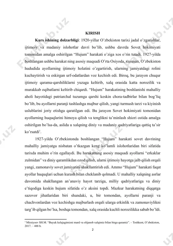 tan o’tkazgan keng ko’lamli islohotlaridan biri sifatida tarixda muhim o’rin egallaydi. bu harakatning asosiy maqsadi ayollarni “erkaklar zulmidan” va diniy qaramlikdan ozod qilish, ularni ijtimoiy hayotga jalb qilish orqali yangi, zamonaviy sovet jamiyatini shakllantirish edi. ammo “hujum” harakati faqat ayollar huquqlari uchun kurash bilan cheklanib qolmadi. u mahalliy xalqning asrlar davomida shakllangan an’anaviy hayot tarziga, milliy qadriyatlariga va diniy e’tiqodiga keskin hujum sifatida o’z aksini topdi. mazkur harakatning diqqatga sazovor jihatlaridan biri shundaki, u, bir tomondan, ayollarni paranji va chachvonlardan voz kechishga majburlash orqali ularga erkinlik va zamonaviylikni targ’ib qilgan bo’lsa, boshqa tomondan, xalq orasida kuchli norozilikka sabab bo’ldi. mahalliy aholining ko’pchilik qismi bu siyosatni xalqning madaniy va diniy identitetiga qarshi qaratilgan tahdid sifatida qabul qilgan. “hujum” harakatining ijtimoiy oqibatlari, xususan, ayollarga qarshi sodir etilgan zo’ravonliklar va qotilliklar, uni yanada murakkab va ziddiyatli hodisa sifatida yodda qoldirdi. “hujum” harakati o’zbek jamiyati tarixidagi murakkab va ziddiyatli davrlarning biri sifatida xalqning madaniy …