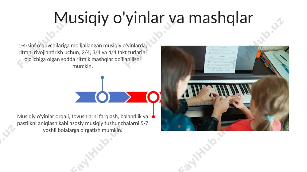 ини самаралироқ қилади. baholash mezonlari va usullari musiqa va boshqa fanlar bilan integratsiya tasviriy san'at bilan bog'liq holda, 3-4-sinf o'quvchilari musiqaga mos keladigan rasmlar yaratish, musiqiy asarlarga illustratsiyalar chizish kabi ijodiy loyihalarda ishtirok etishlari mumkin. adabiyot darslari bilan integratsiya orqali, 2-sinf o'quvchilari musiqa orqali she'rlarni dramatizatsiya qilish, qo'shiqlar yaratish kabi faoliyatlarni amalga oshirishlari mumkin. musiqa nazariyasi asoslari musiqa nazariyasini o‘qitishda, bolalar yosh xususiyatlarini hisobga olib, o‘yin shaklida o‘tkazish, rangli qo‘llanmalar va interaktiv mashqlardan foydalanish muhim. musiqiy ritm va ohangni tushuntirishda, 4/4 va 2/4 kabi oddiy o‘lchov turlaridan foydalanib, bolalarga sodda ritmik mashqlar va qo‘shiqlarni o‘rgatish samarali. improvizatsiya va ijodkorlik 1-4-sinflarda improvizatsiya qilish uchun 5-7 daqiqalik qisqa, sodda musiqiy mavzulardan foydalanish, bolalarni turli ohanglarda va ritmlarda o'ynashga rag'batlantirish samarali. improvizatsiya mashg'ulotlarida 2-3 nafar o'quvchidan iborat kichik guruhlarda ishlash, ularga o'zaro musiqiy g'oyalarni almashish va rivojlantirish imkoniyatini beradi. e'tiboringiz uchun rahmat @taqdimot_robot image4.jpg image5.jpg image6.jpg image7.jpg image8.jpg image9.jpg image10.jpg image11.jpg image12.jpg image13.jpg …