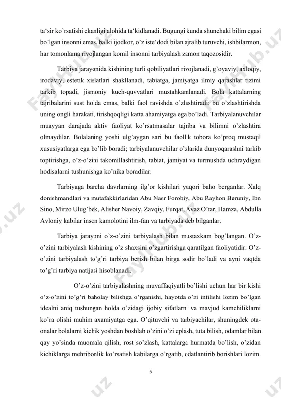 ga o’rgatib, odatlantirib borishlari lozim. bola o’zini-o’zi tarbiyalamasa, aql-farosatini ishga solmasa, tarbiyadan ko’zlangan natijaga erishib bo’lmaydi. har bir bola o’zining xulq-atvoriga talabchan bo’lishi va o’zida eng yaxshi insoniy fazilatlarning tarkib topishi uchun astoydil tirishmog’i lozim. demak, o’z-o’zini tarbiyalash jarayoni –bilish, istak, bajara olish va harakat qilishdan iborat. o’z-o’ziga, o’z ishiga tanqidiy munosabatda bo’lish o’z-o’zini axloqiy tarbiyalash jarayonida zarur xislatlardan biridir. bunday xislat o’z-o’zini tarbiyalash uchun kishiga o’z kamchiliklarini aniqlash, ularni bartaraf etish maqsadini o’z oldiga quyishga imkon yaratadi. kishi o’ziga, o’z xulqi, xatti-harakatlariga nisbatan tanqidiy ko’z bilan qaramasa, o’z-o’zini tarbiyalab bo’lmaydi. shuning uchun kishida bunday xislatlarni yoshlikdan tarbiyalab o’stirish maqsadga muvofiq. o’z-o’zini tarbiyalash bolaning doimiy ishi bo’lmog’i va uzluksiz davom etmog’i zarur. chunki haqiqiy tarbiya bolani o’z kuchi, layoqatlari va qobiliyatlarini ishga solishga undaydi, uning ideallarini, shaxsiy mulohazalarini, e‘tiqodini tarkib toptiradi. natijada bola shaxsini har tomonlama rivojlantirishga qaratilgan tarbiyaviy jarayon o’z-o’zini tarbiyalash jarayoniga aylanadi. pedagogik faoliyatning muhim jixatlaridan biri ham …