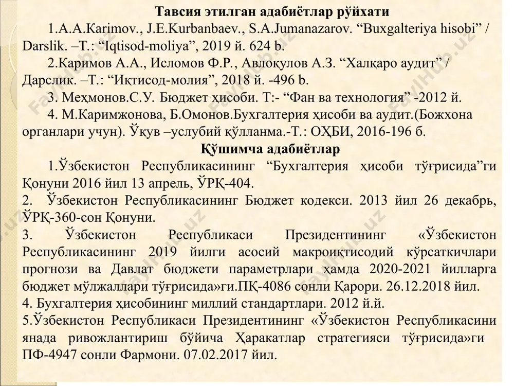 кониятлари, яъни мавжуд техник ва технологик база билан белгиланади. ҳисоб юритиш тартибини белгилаб берувчи таркибий қисм сифатида бухгалтерия ҳисобига хос бўлган қуйидаги усуллар маълум: ҳужжатлаштириш; инвентаризация; баҳолаш; калькуляция; бухгалтерия ҳисоби счётлари; икки ёқлама ёзув; бухгалтерия баланси; ҳисобот. бу тушунчалар бухгалтерия ҳисоби усул элементлари дейилади. ҳужжатлаштириш - бухгалтерия ҳисобининг объектлари устидан ёппасига ва узлуксиз кузатишни амалга ошириш имконини берадиган дастлабки акс эттириш усулидир инвентаризация - корхона маблағини текшириб, рўйхатга олиш ва олинган маълумотларни ҳисоб маълумотлари билан солиштириш демакдир баҳолаш - хўжалик маблағлари, мажбуриятлар ва хўжалик жараёнларини пул ўлчов бирлигида акс эттириш усулидир. калькуляция – корхона фаолиятини бошқариш жараёнида сарфланган харажатларни ва ишлаб чиқарилган маҳсулот бирлигининг таннархини аниқлаш усулидир. бухгалтерия ҳисоби счётлари – счётлар тизими ҳисоб объектларини уларнинг иқтисодий белгиларига қараб гуруҳлаштириш усулидир. иккиёқлама ёзув - ҳар бир хўжалик операцияси натижасида юзага келадиган икки ҳодисани ўзаро боғланган ҳолда акс эттириш усулидир. бухгалтерия баланси – хўжалик маблағлари ва манбаларини маълум бир санага бўлган …