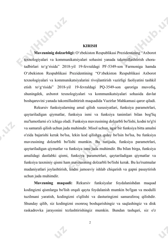 nksiyalar foydalanishdan maqsad kodingizni qismlarga bo'lish orqali qayta foydalanish mumkin bo'lgan va modulli tuzilmani yaratish, kodingizni o'qilishi va dasturingizni samaraliroq qilishdir. shunday qilib, siz kodingizni osonroq boshqarishingiz va saqlashingiz va disk raskadrovka jarayonini tezlashtirishingiz mumkin. bundan tashqari, siz o'z muammolaringizni osonroq hal qilishingiz va funktsiyalar yordamida kodingizning umumiy ishlashini oshirishingiz mumkin. mavzuning vazifalari: rekursiv funksiyalarning muayyan vazifani bajaradigan va kerakli natijani qaytaruvchi dasturning asosiy birligi. funktsiyalar takrorlanuvchi operatsiyalarni qisqartirish, kodni modulli saqlash va dasturni yanada o'qilishi va boshqarilishi uchun ishlatiladi. rekursiv funksiyalar vazifalari foydalanuvchi tomonidan aniqlanishi mumkin. masalan, funktsiyaning vazifasi ikkita raqam qo'shish, ro'yxatdagi eng katta raqamni topish, satrdagi belgilar sonini hisoblash yoki ma'lum bir amalni bajarish bo'lishi mumkin. rekursiv funksiyalar ega dasturning turli qismlarida qayta-qayta ishlatilishi mumkin bo'lgan tarzda tuzilishi kerak. bu kodni sodda, modulli va texnik xizmat ko'rsatishga imkon beradi. bundan tashqari, funksiyalar dasturchilarga kodni osonroq tushunish va boshqarish imkonini beradi. natijada, rekursiv funksiyalarning vazifasi aniq vazifani bajarish …
