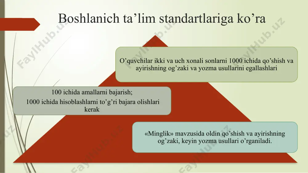 htirishda harfiy simvolikadan foydalanish arifmetik amallarning xossalarini harfiy ifodalar orqali ifodalash a+a+a+a=4a аrifmеtik аmаllаrning hаrfiy ifodalar yordаmidа yozilgаn хоssаlаrini tahlil qila olish. a+b=b+a a+(b+c)=(a+b)+c bеrilgаn tеnglik yoki tеngsizliklаrni sоnli qiymаtlаrini o‘rnigа qo‘yish yordаmidа hоsil qilish. 5(2a+b) ni a=3 va b=7 bo’lgandagi qiymatini toping. foydalanilgan adabiyotlar ro’yhati 1. jumayev m. matematika o‘qitish metodikasi. (oo‘yu uchun darslik) toshkent. “turon-iqbol”, 2016-yil. 2. jumayev m., tadjiyeva z.g‘. boshlang‘ich sinflarda matematika o‘qitish metodikasi. (oo‘yu uchun darslik.) toshkent. “fan va texnologiya”, 2005-yil. this presentation uses a free template provided by fppt.com www.free-power-point-templates.com 12 e’tiboringiz uchun raxmat this presentation uses a free template provided by fppt.com www.free-power-point-templates.com image1.png image2.png image3.png image4.png image5.png image6.png image7.png image8.png image9.png /docprops/thumbnail.jpeg