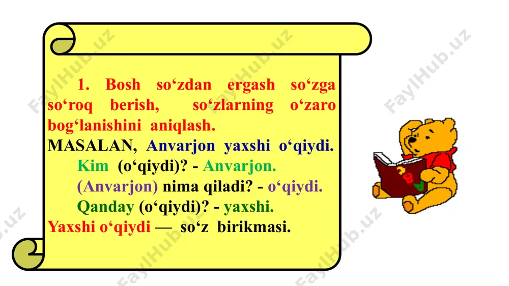 lgan mashqlar kiradi. bunday mashqlar grammatik tushuncha va qoidaga asoslanadi. konstruktiv mashqlarning turlari quyidagilar: 1.aralash berilgan so‘zlardan gap tuzish yoki tartibsiz beril­gan gaplardan matn tuzish. bunda so‘zlar grammatik materialning o‘rganilishiga qarab uch variantda berilishi mumkin: so‘zlar tayyor ishlatiladigan shaklda beriladi: meva, bog‘da, bog‘bonlar, terdilar (bog‘bonlar bog‘da meva terdilar) o‘rganilgan grammatik materialni hisobga olib, ayrim so‘zlar bosh shaklda, boshqalari tayyor shaklda be­riladi. masalan, „otlarda birlik va ko‘plik" mavzusi o‘tilgach, paxta, dalada, bola, terdilar shaklida berilishi mumkin; v) barcha so‘zlar bosh shaklda beriladi: koptok, hovli, bola, o‘ynamoq. 2. nuqtalar qo‘yilmagan, bosh harf yozilmagan matndan gaplar­ning chegarasini ajratish. bu mashq bolalarni o‘z nutqlarida gaplar­ning chegarasini ajratishga, gapni to‘g‘ri o‘qish va yozishga o‘rgatadi. 3. berilgan sodda gapni so‘roqlar yordamida bosqichli yoyish mashqi. masalan: qushlar uchib keldi. qayerdan uchib keldi? qushlar sovuq mamlakatlardan uch'ib keldi. qayerga uchib keldi? qushlar sovuq mamlakatlardan о ‘z uyalariga uchib keldi. 5. berilgan gapga o ‘xshash, masalan, uyushiq egali yoki …