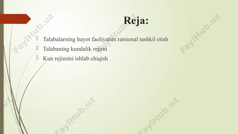 liyatga o'tishga bag'ishlanishi kerak. talabaning kundalik rejimida, ta'lim faoliyatini oqilona tashkil etishdan tashqari, tanani va mehnat qobiliyatini tiklashning eng muhim vositalaridan biri sifatida to'g'ri uyquni ta'minlashga jiddiy e'tibor qaratiladi. kun rejimini ishlab chiqish talabaning kun rejimini ishlab chiqishda e'tiborga olinishi kerak bo'lgan muhim holat bu uning butun oila rejimi bilan muvofiqlashtirilishi - oilaviy rejimni sun'iy ravishda izolyatsiya qilish va o'z majburiyatlarining bir qismini bajarish uni istisno qiladi va ta'limga olib keladi. bolada xudbin xarakterli xususiyatlar. afsuski, ko'pincha talabalar dam olish kunini rejalashtirishda beparvo bo'lishadi. dam olish kunini faol dam olishga bag'ishlash eng oqilona bo'lib, u ko'p jihatdan nafaqat aqliy dominantni olib tashlabgina qolmay, balki o'quv faoliyatining talabalar salomatligiga salbiy ta'sirini qoplashi kerak. talabalarning mehnat qobiliyatini oshirish talabalarning mehnat qobiliyatining tabiatini tahlil qilish shuni ko'rsatadiki, ketma-ket ikki yoki hatto uchta qiyin darsni o'rnatish tavsiya etilmaydi, balki qiyinroq mavzularni sezilarli aqliy kuch talab qiladigan kamroq qiyin fanlar bilan almashtirish tavsiya etiladi (matematika, …