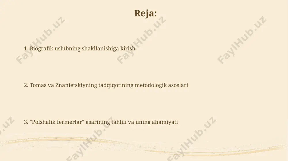 oʻla oladi. biografik uslubning samaradorligi, taxminan 3-5 yil davom etadigan uzun muddatli tadqiqotlar orqali ijtimoiy oʻzgarishlarni kuzatish va chuqur tahlil qilish imkoniyatini beradi, bu esa 21-asr ijtimoiy muammolariga, masalan, global migratsiyaga nisbatan yangi yondashuvlarni ishlab chiqishga yordam beradi. biografik materiallarni yigʻish va tahlil qilish usullari томас ва знанецкийнинг 1918-1920 йилларда польшада ўтказилган тадқиқотида 765 та биографик материал, жумладан, хатлар ва кундаликлардан фойдаланилган. уларнинг усулида ижтимоий ҳодисаларни тушуниш учун 5 та асосий категориядан, хусусан, шахснинг индивидуал тажрибасига эътибор беришдан фойдаланилган. tadqiqot natijalari va xulosalari томас ва знанецкийнинг 1918-1920 йилларда польшадан ақшга кўчиб келган 700 дан ортиқ поляк эмигрантларининг ҳаёти ҳақидаги биографик маълумотлари тадқиқотнинг асосий маълумотлар базасини ташкил этди. тадқиқот натижалари эмиграция жараёнларининг ижтимоий-психологик омилларини, маданият шок ўтиши, 20-аср бошларидаги ижтимоий-иқтисодий ўзгаришларнинг инсон тақдирига таъсирини аниқ кўрсатди. “polshalik fermerlar” tadqiqotining maqsadi va metodologiyasi “polshalik fermerlar” tadqiqoti 1918-1920 yillar oraligʻida polsha qishloq hududlarida 1000 dan ortiq dehqon oilalarining hayotiy tajribalarini chuqur oʻrganishga qaratilgan …