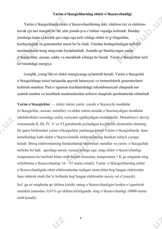 yoʻnalishda tartiblangan harakatga kelib, yarim o’tkazgichlarda tok hosil qiladi. erkin elektronlar yuzaga keltirgan oʻtkazuvchanlik elektron yoki p tip oʻtkazuvchanlik deb ataladi. bogʻlangan elektronning oʻz atomini "tashlab ketishi" atomning elektr neytralligini buzadi. unda "ketib qolgan" elektron zaryadiga miqdoran teng musbat zaryad — teshik vujudga keladi. tashqi elektr maydon boʻlmaganda elektronlar ham, teshiklar ham tartibsiz harakatlanadi, tashqi maydon boʻlganda esa elektronlar maydonga qarshi, teshiklar maydon boʻylab koʻchadi. teshiklarning koʻchishi bilan bogliq oʻtkazuvchanlik teshikli yoki p oʻtkazuvchanlik deyiladi. erkin elektronlar soni bilan teshiklar soni bir-biriga tengligi tushunarli. aniqlanishicha, ularning harakatlanish tezligi ham bir xil ekan. demak, yarim o’tkazgichlardagi tok ayni vaqtda ham elektron, ham teshikli oʻtkazuvchanlikdan vujudga keladi. bunday elektronteshikli oʻtkazuvchanlik yarim o’tkazgichlarning xususiy oʻtkazuvchanligi deyiladi. xususiy oʻtkazuvchanlik sof yarim o’tkazgichlar.da kuzatiladi. biroq tabiatda sof yarim o’tkazgichlar. yoʻq. baʼzi qoʻshilmalar yarim o’tkazgichlarni erkin elektronlar bilan boyitsa, boshqa baʼzi qoʻshilmalar teshiklar bilan boyitadi. yarim o’tkazgichlarda yuzaga keladigan bunday oʻtkazuvchanlik qoʻshilmali oʻtkazuvchanlik deb ataladi. agar …