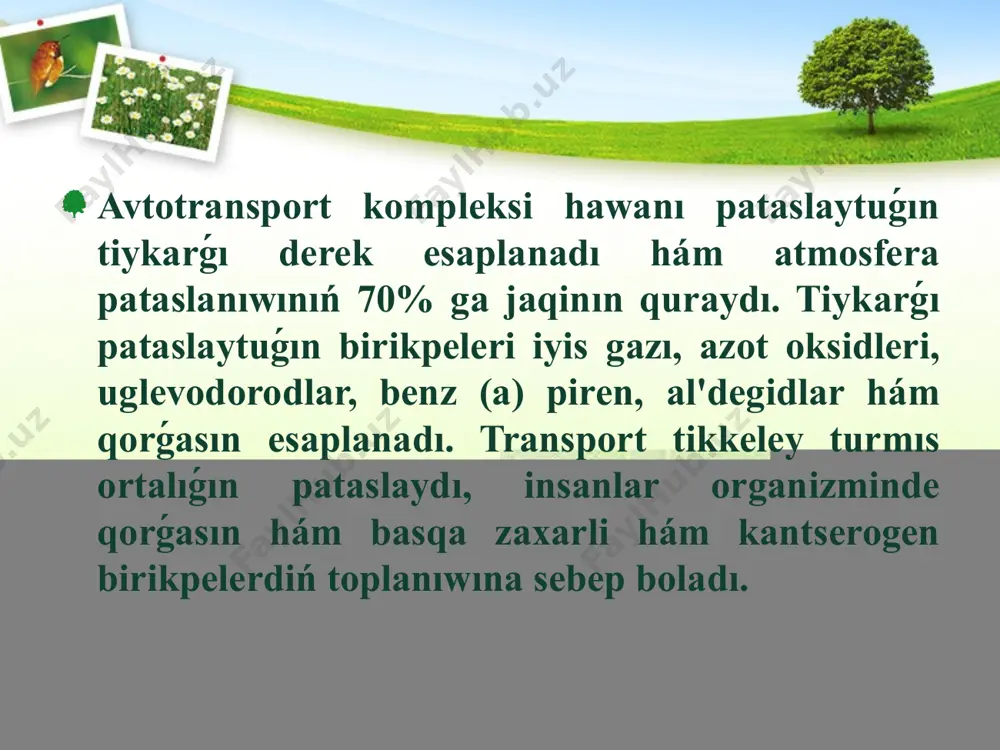 ip atırǵan 15-75 mln. tonna shań hám duzlar da kútá úlken maydanda hawanıń pataslanıwına sebep bolıp atır. ózbekstanda ozon qatlamın qorǵaw boyınsha arnawlı milliy programma islep shıǵılǵan hám ámelge asırılıp atır. ózbekstan vena konventsiyasi hám monreal protokolı tárepleri esaplanadı. ozon bólekleytuǵın birikpelerden paydalanıw 1996 jılǵa salıstırǵanda 80% ga azayǵan, zıyansiz birikpelergi ótiw ámelge asırılıp atır. ózbekstan aymaǵında da klimat ózgeriwi aqıbetleri gúzetilip atır. íssıxana gazların shıǵarıw 1999 jılı 160 mln. tonnanı quradı jáne bul jáhán boyınsha 0, 7% ni quradı. temperaturanıń artıwı nátiyjesinde qurǵaqlay subtropik hám ortasha klimat regionları ortasındaǵı shegara 150-200 km arqaǵa, biyiklik klimat zonaları 150-200 m joqarıǵa jıljıtıladı. suwıqsız kún 8-15 kúnge artadı. so2 muǵdarınıń artıwı kópshilik awıl xojalıq eginleriniń ósiwi hám jemisdorligiga unamlı tásir kórsetedi, hasıldarlıq artıwıı múmkin. biraq klimatdıń ózgeriwi sebepli joqarı temperaturalı kúnning artıwı hám ıǵallıq jetispewshiligi sharayatlarında ónimdi joytıw palız eginlerinde 10 -50%, paxtada 9 -15%, salında 10 -20%, palız eginlerinde 10 -30% …