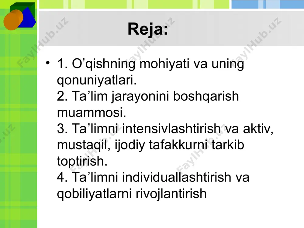 butunlay esda olib qolmasdan, faqat tushunib olish kifoya qilishini, nimani so’zma-so’z esda olib qolishni, nimaning ma’nosini o’z so’zlari bilan aytib berish uchun esda olib qolish zarurligini ko’rsatib o’tishi lozim. ko’zatishlar ko’rsatadiki, bunday ko’rsatmalar berilmaganda, o’quvchilarda ko’pincha noto’g`ri tasavvurlar vujudga keladi. motivlar bevosita o’quvchi shaxsining o’sishi va rivojlanishi bilan bog`liq d.b.elkonin esa o’quv faoliyatining xususiyatlarini ko’rsatib, uni mohiyatiga, mazmuniga va o’zini namoyon bo’lish shaqliga ko’ra ijtimoiyligini ta’kidlaydi. o`quv faoliyati bu shunday faoliyatki, uning natijasida avvalo o’quvchida o’zgarish yuz beradi. uning mahsuli turli motivlar asosida, qurilgan bo’lishi darkor. bu motivlar bevosita o’quvchi shaxsining o’sishi va rivojlanishi bilan bog`liq bo’lishi kerak. o’quv faoliyati ta’lim, o’qish va o’rganish degan tushunchalar bilan bevosita bog`liqdir. o’qish va o’rgatish tushunchalari o’qish va o’rgatish tushunchalari o’quv faoliyati bilan bog`liq bo’lib, ular bilim, ko’nikma va malakalarni o’zlashtirishga, o’rgatishga xizmat qiladi. o’quv faoliyatining besh elementi mavjud: o’quv harakatlari o’qituvchining baholashi o’qituvchining nazorati o’quv topshiriqlari o’quv motivlari. ta’lim jarayoni besh elementdan …