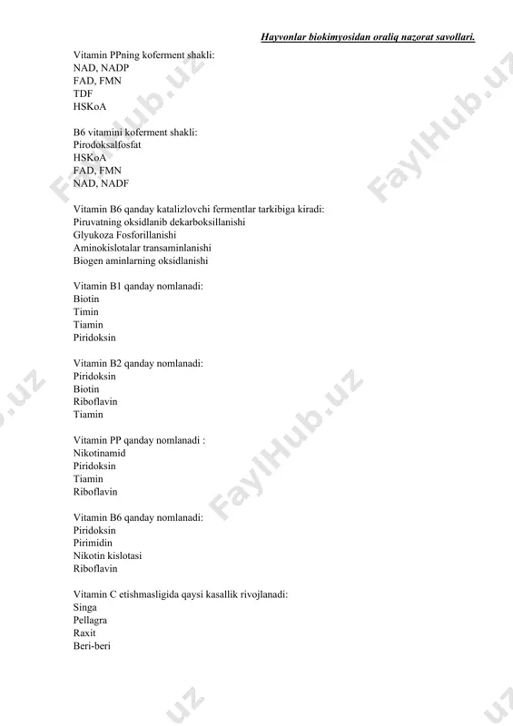 ab shilliq qavti zararlanishi, bo'y o'sishi to'xtashi kuzatildi. qaysi vitaminning yetishmovchili bunga sabab bo'ladi? vitamin h vitamin b12 vitamin pp vitamin b2 yosh organizmda bosh suyagi erta suyaklanishi, vazn va appetit yo'qolishi, poliuriya, muskullar rigidligi kuzatilgan? buning sababi: gipervitaminoz a gipervitaminoz d gipovitaminoz c gipovitaminoz e qorong'ida ko'rishning pasayishi qaysi vitaminning yetishmovchilidan kelib chiqadi. vitamin b1 vitamin c vitamin a vitamin k umumiy xolsizlik, milk qonashi va kapilyarlardan qon ketish kuzatilmoqd qaysi vitaminning yetishmovchili bunga sabab bo'ladi? vitamin a vitamin c vitamin k vitamin d3 ta'sirchanlik, uyquning yomonligi, stomatit,diareya, qo'l va yuz terisining simmetrik zararlanishi va galyutsinatsiyadan shikoyat qilmoqd qaysi vitaminning yetishmovchili bunga sabab bo'ladi? askorbin kislota riboflavin nikotinamid tiamin xolesteroldan qaysi modda xosil bo'ladi? vitamin d3 triyodtironin adrenalin yog' kislota qaysi temperaturada fermentlar denaturatsiyalanadi? 10 - 20°c 80 - 100°c 20 - 30 °c 30 - 40°c ko’pchilik fermentlar ta’sir etishi uchun optimal harorat: 50 - 60°c 35 - …